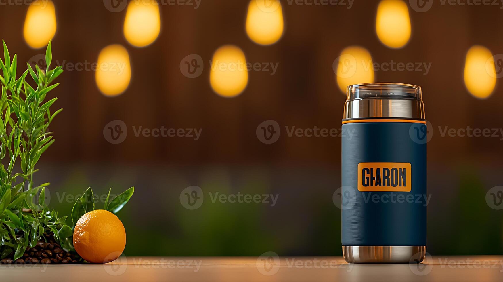 Stylish insulated travel mug with logo, surrounded by greenery and orange on a softly lit background photo