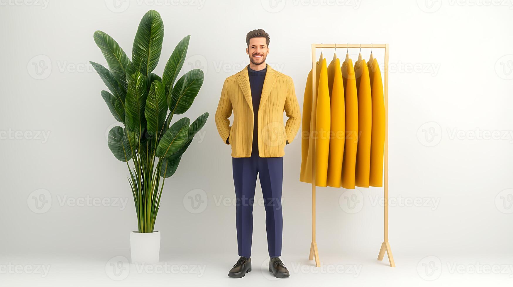 Stylish man in a mustard blazer stands beside a rack of jackets and a large potted plant photo