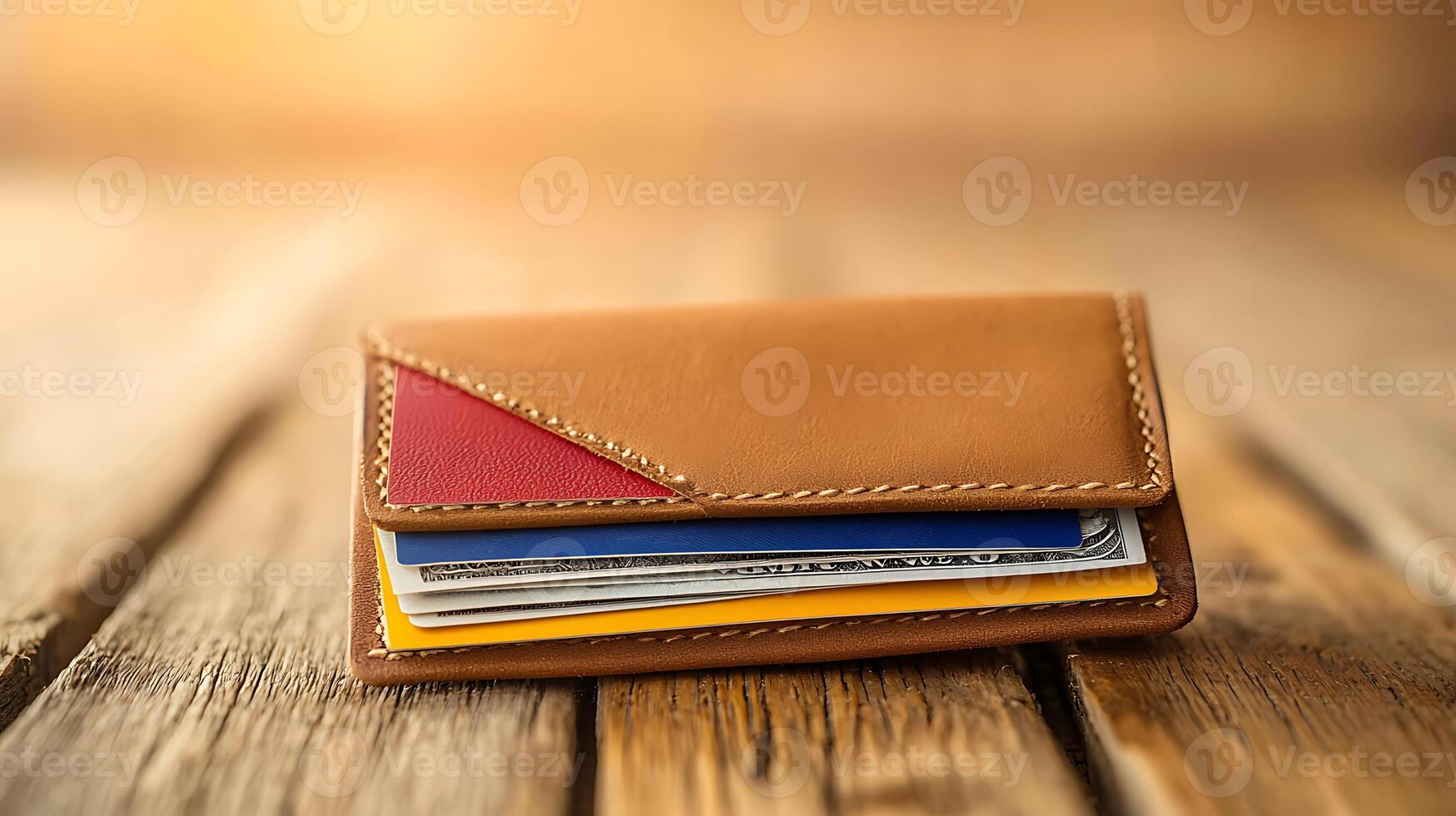 Stylish leather wallet with cards on rustic wooden table, warm light enhancing texture photo