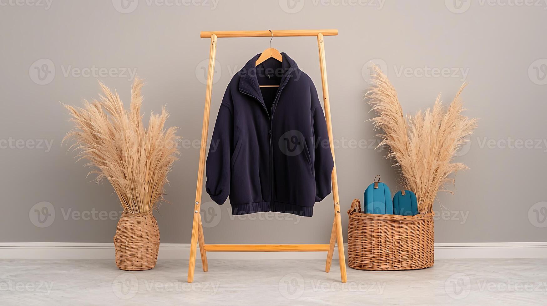 Stylish navy blue oversized sweatshirt displayed on a wooden rack with decorative plants in a modern setting photo
