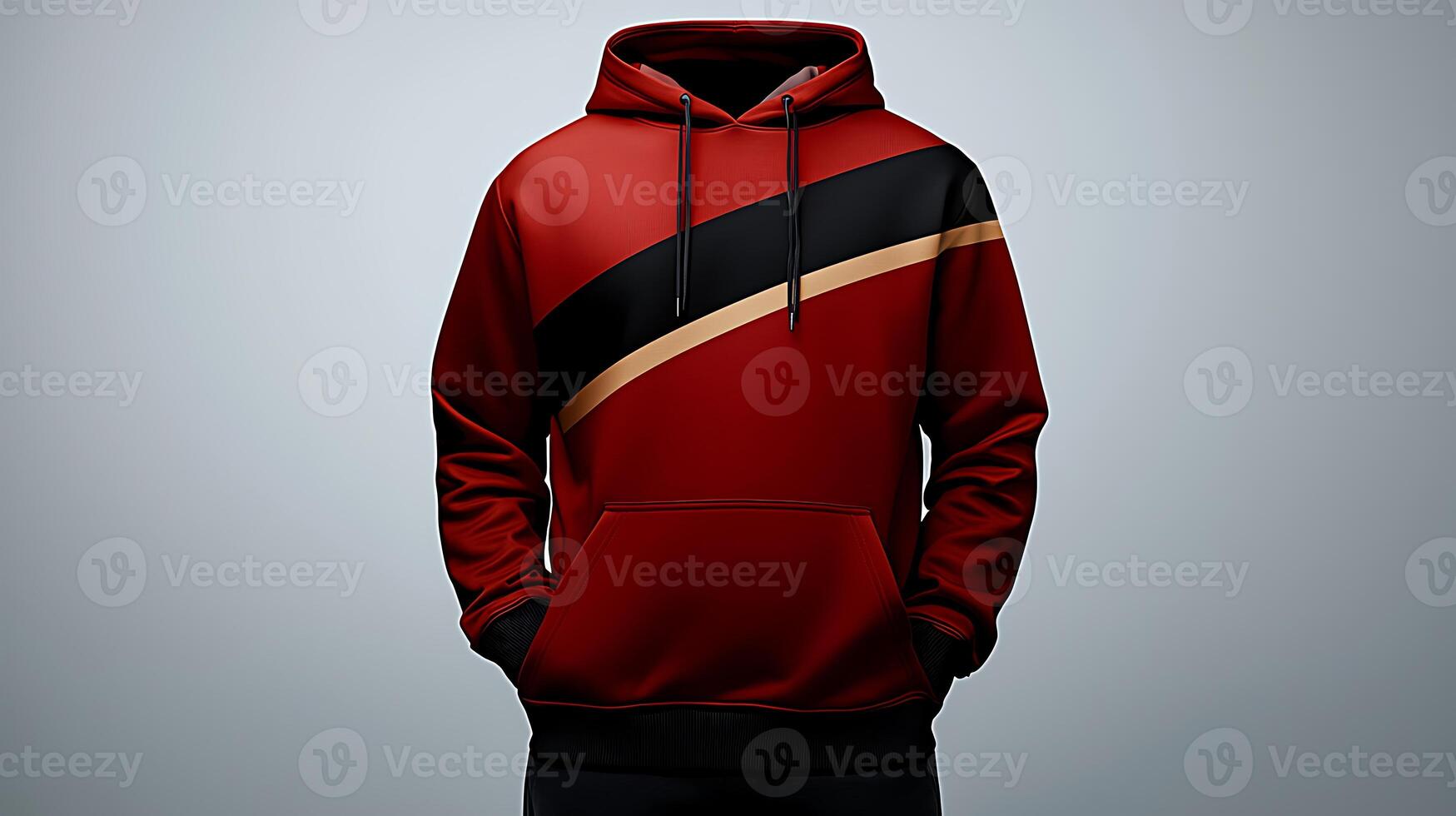 Stylish red hoodie with black and gold accents displayed against a minimalist background photo
