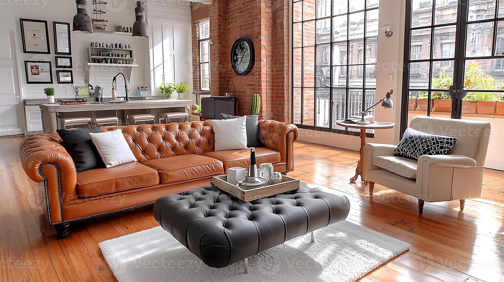 Stylish modern living room featuring a brown leather sofa, coffee table, and large windows with greenery outside photo