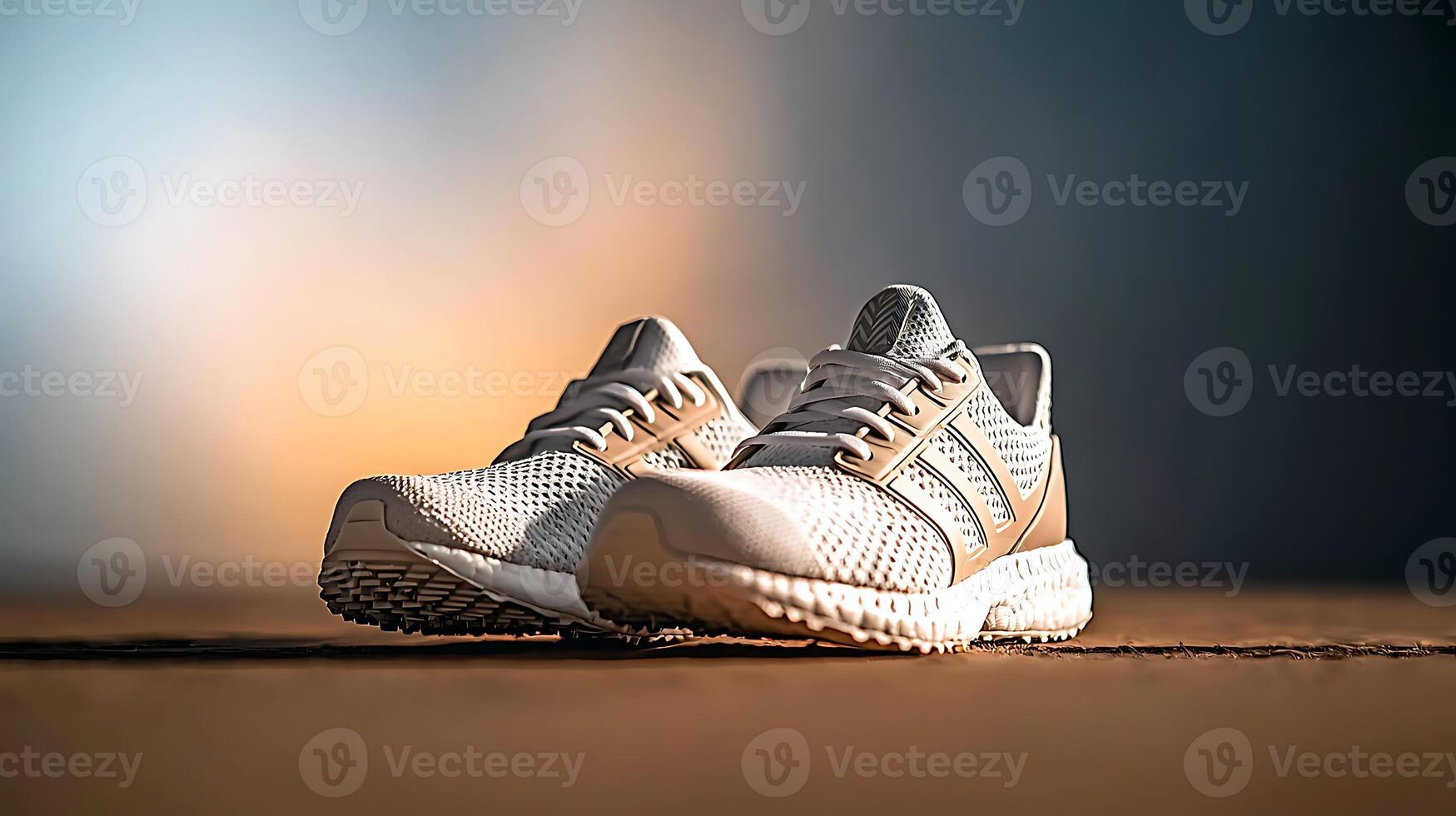 Stylish running shoes placed on a wooden surface with a blurred gradient background photo