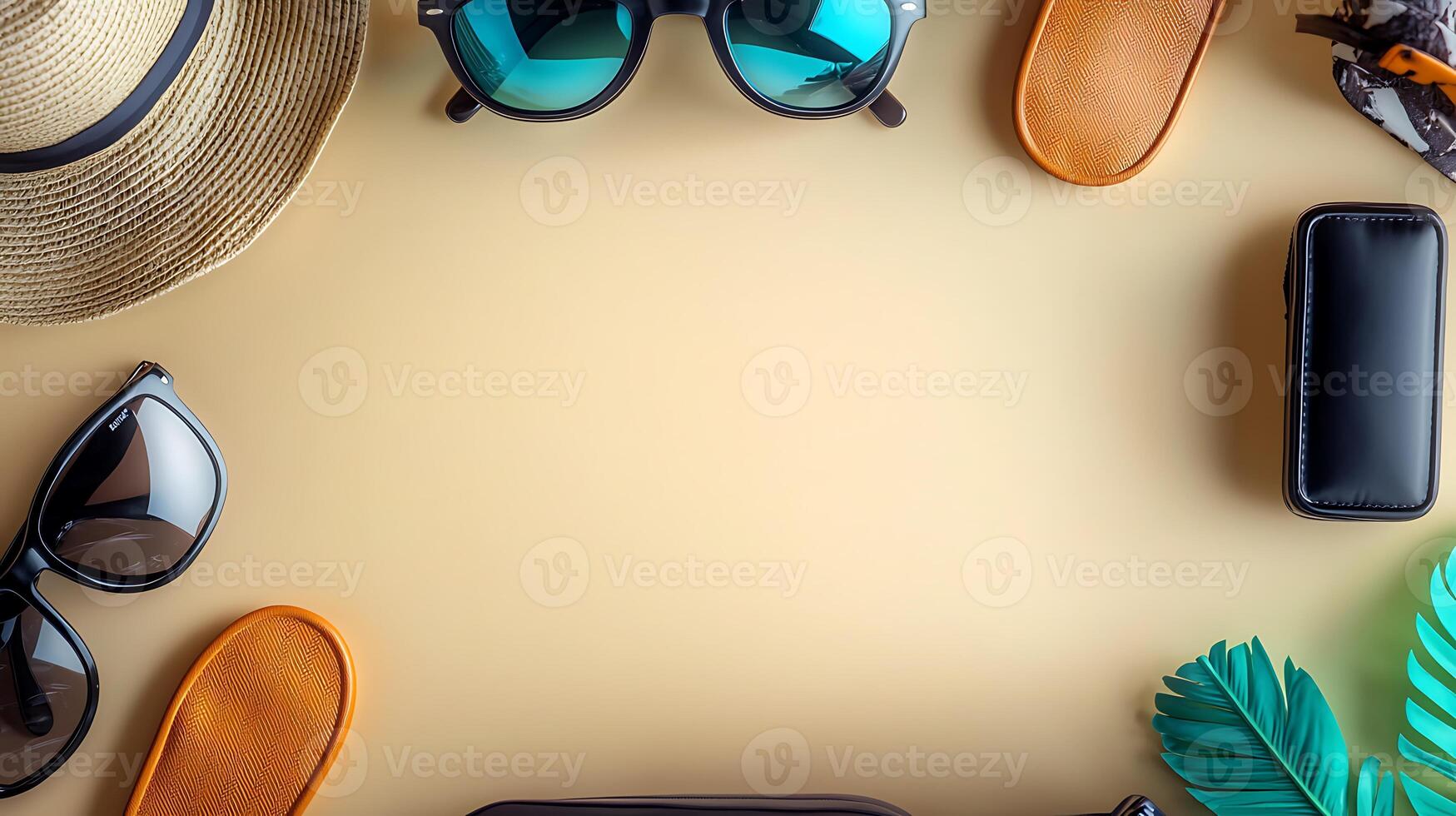 Stylish sunglasses and accessories arranged on a sandy background ready for summer adventures photo