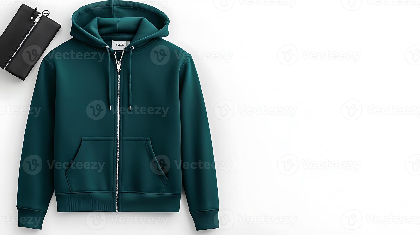 Stylish teal zip-up hoodie displayed on a clean surface with a sleek black bag beside it photo