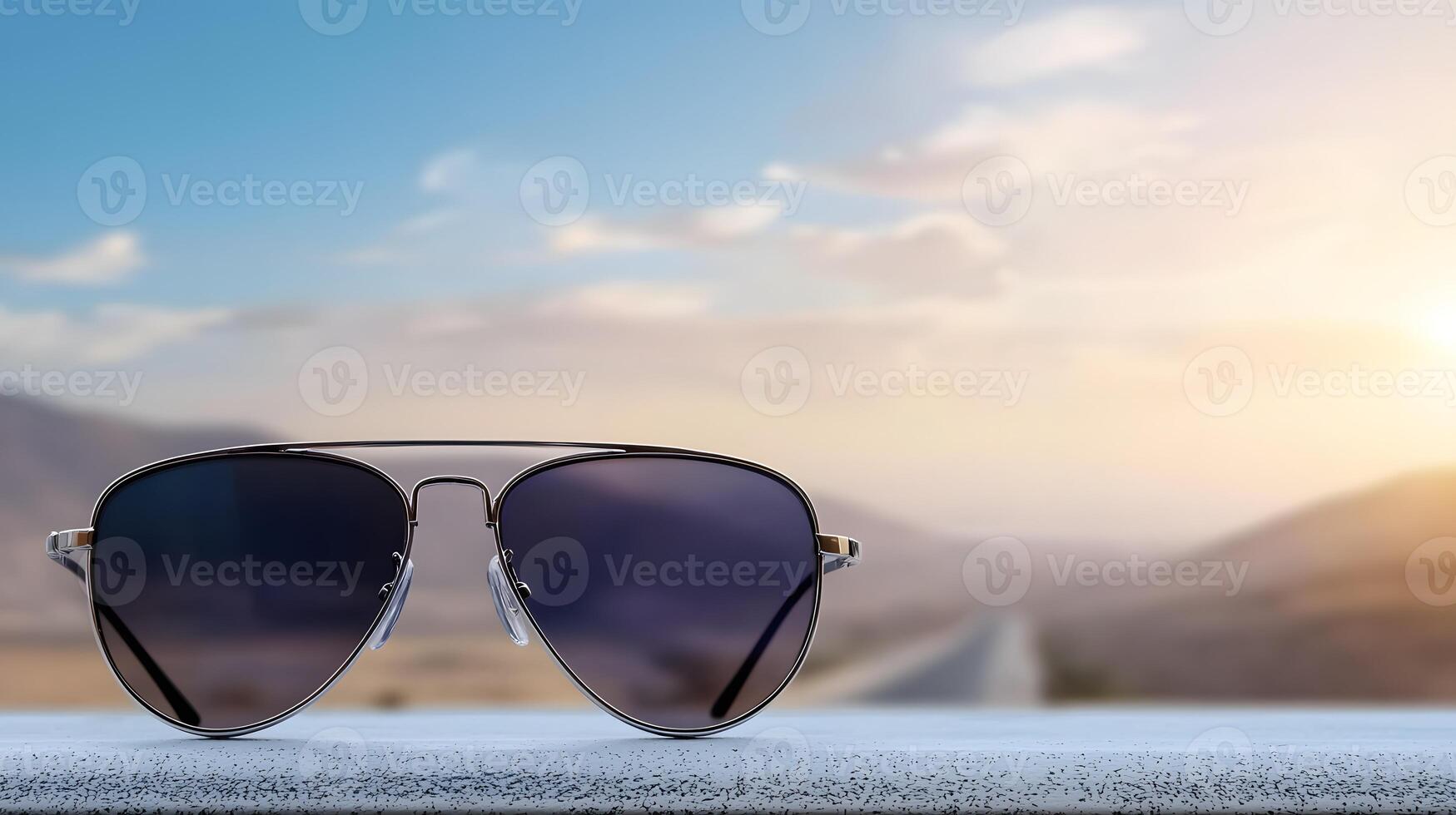 Stylish sunglasses resting on a ledge with a scenic sunset view and winding road in the background photo