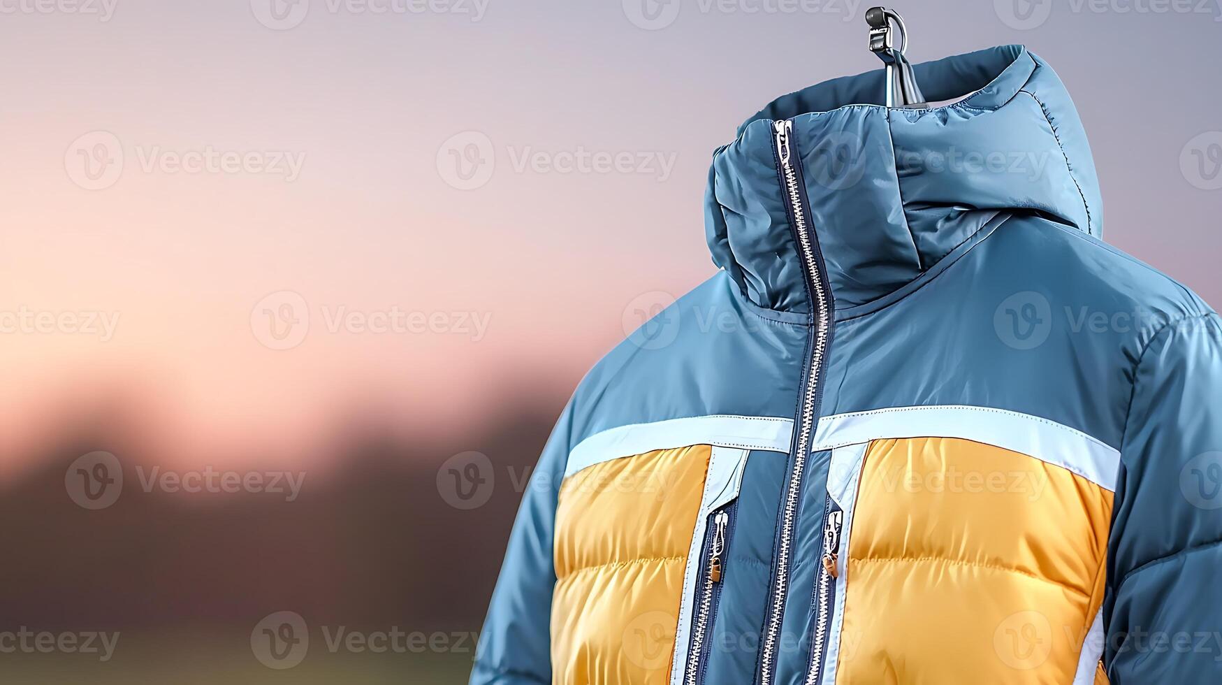 Stylish winter jacket displayed on a hanger during a serene sunset, showcasing vibrant colors photo