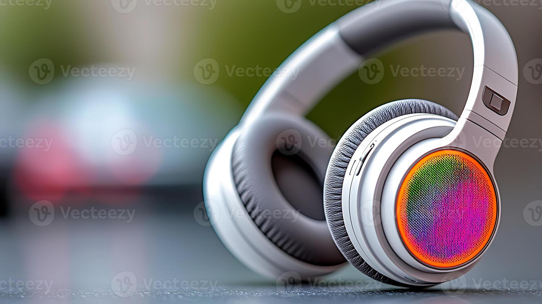 Stylish wireless headphones resting on a surface with a blurred background, showcasing vibrant colors photo