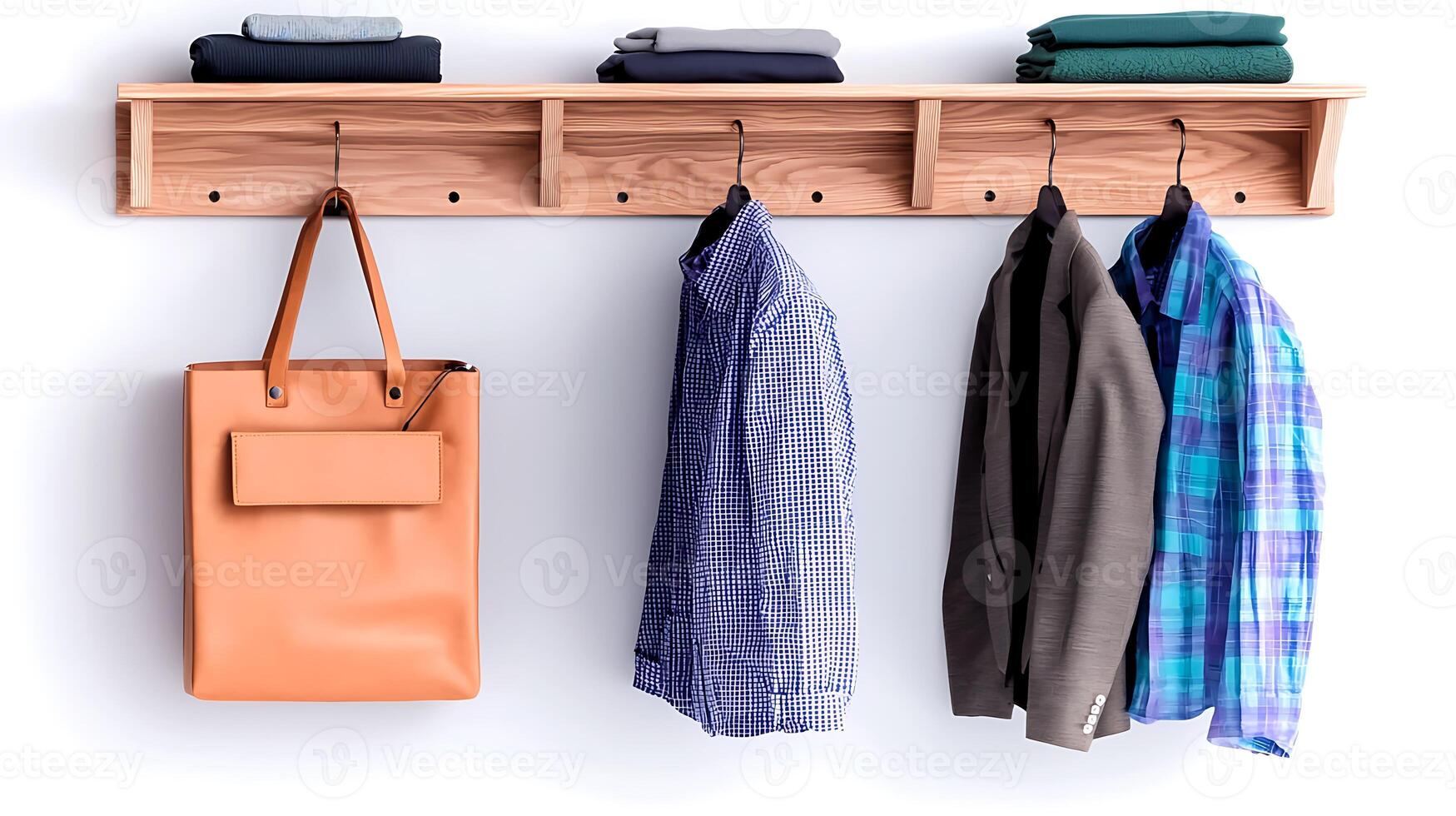 Stylish wooden coat rack displaying neatly folded clothes and hanging garments in a modern setting photo