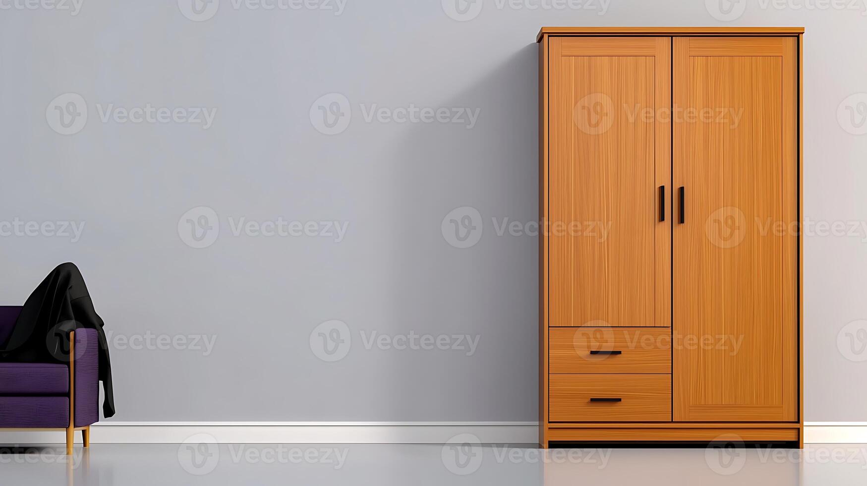 Stylish wooden wardrobe beside a modern purple sofa in a minimalist living room setting photo