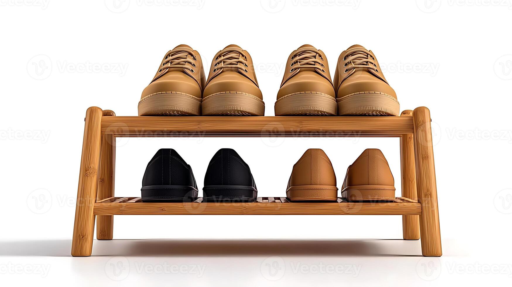 Stylish wooden shoe rack displaying various pairs of shoes in a minimalistic setting photo