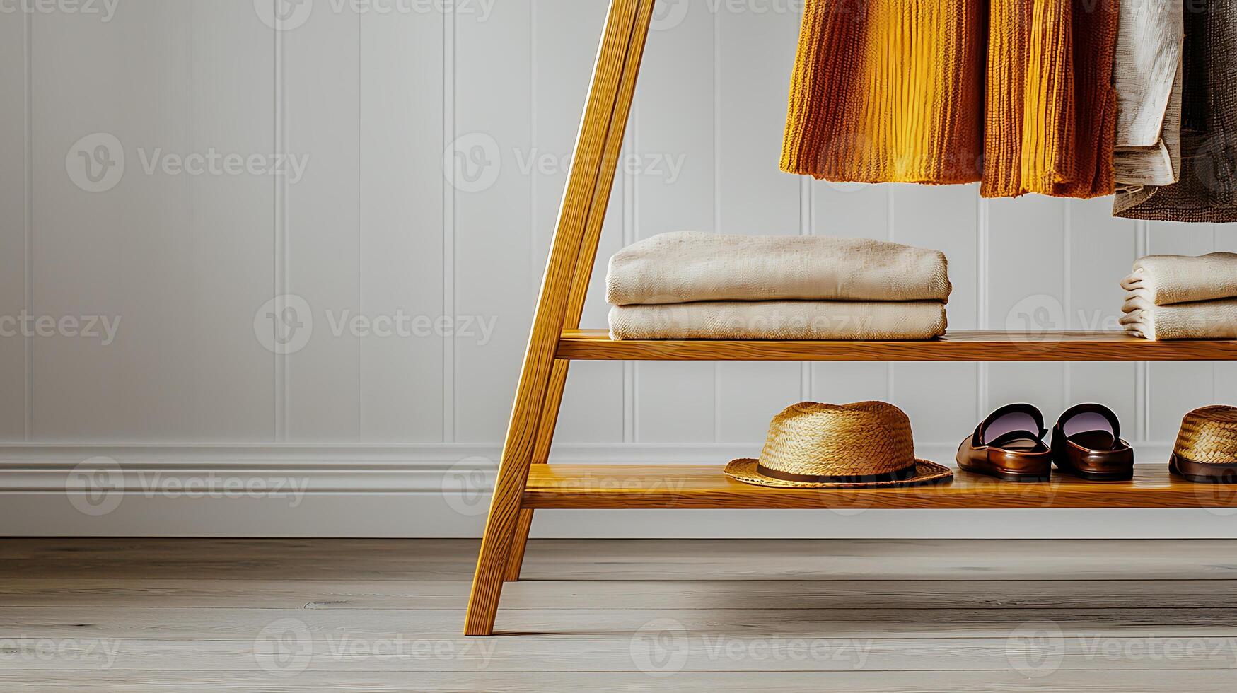 Stylish wooden shelf displaying neatly folded towels, a hat, and sandals in a bright, minimalist room photo