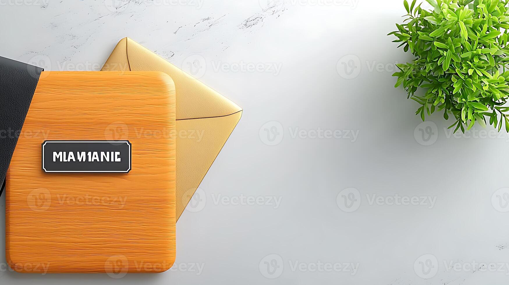 Stylish wooden wallet and envelope on a marble surface with a small green plant nearby photo