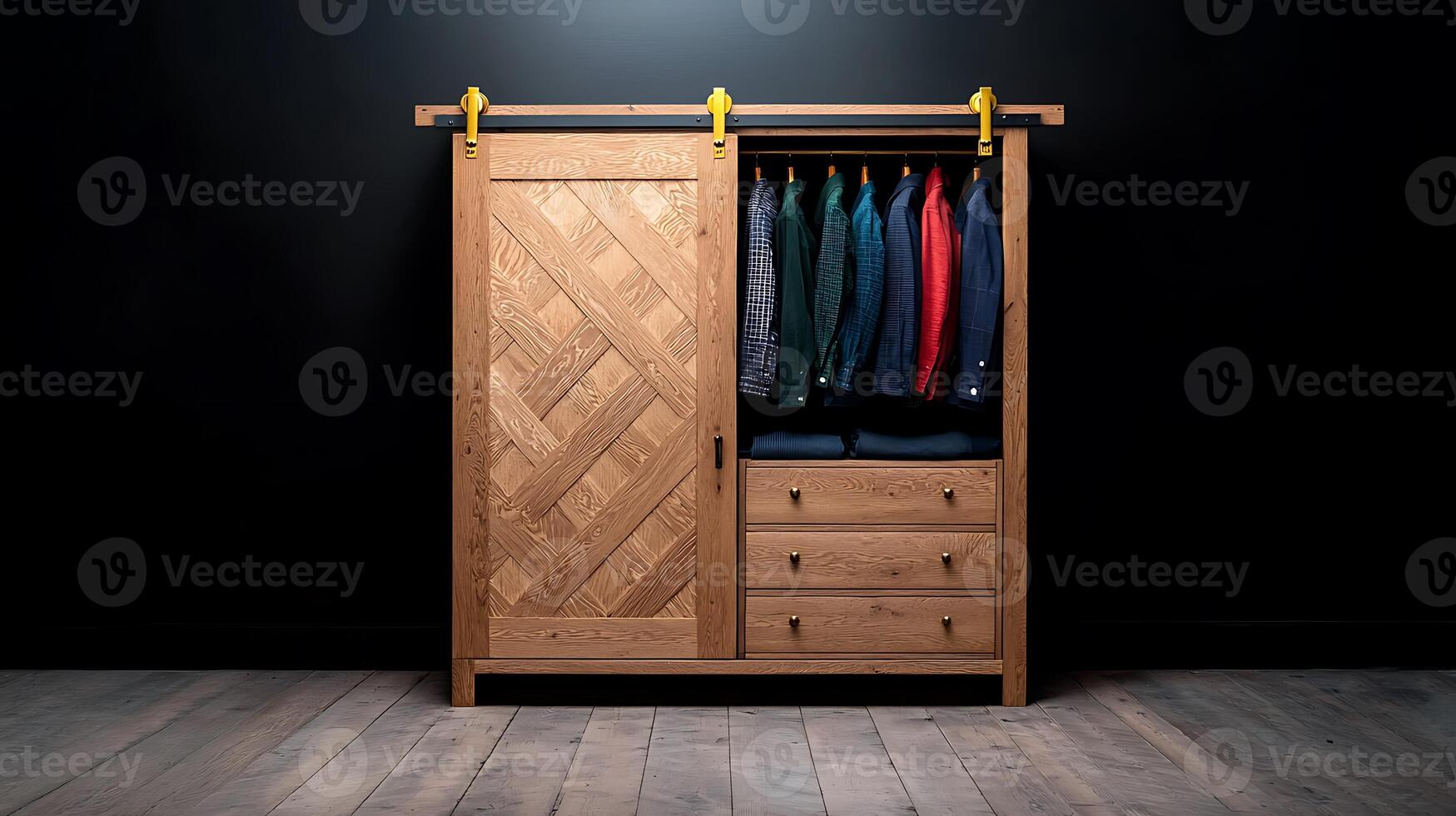 Stylish wooden wardrobe with sliding door displaying neatly arranged clothing in a modern setting photo