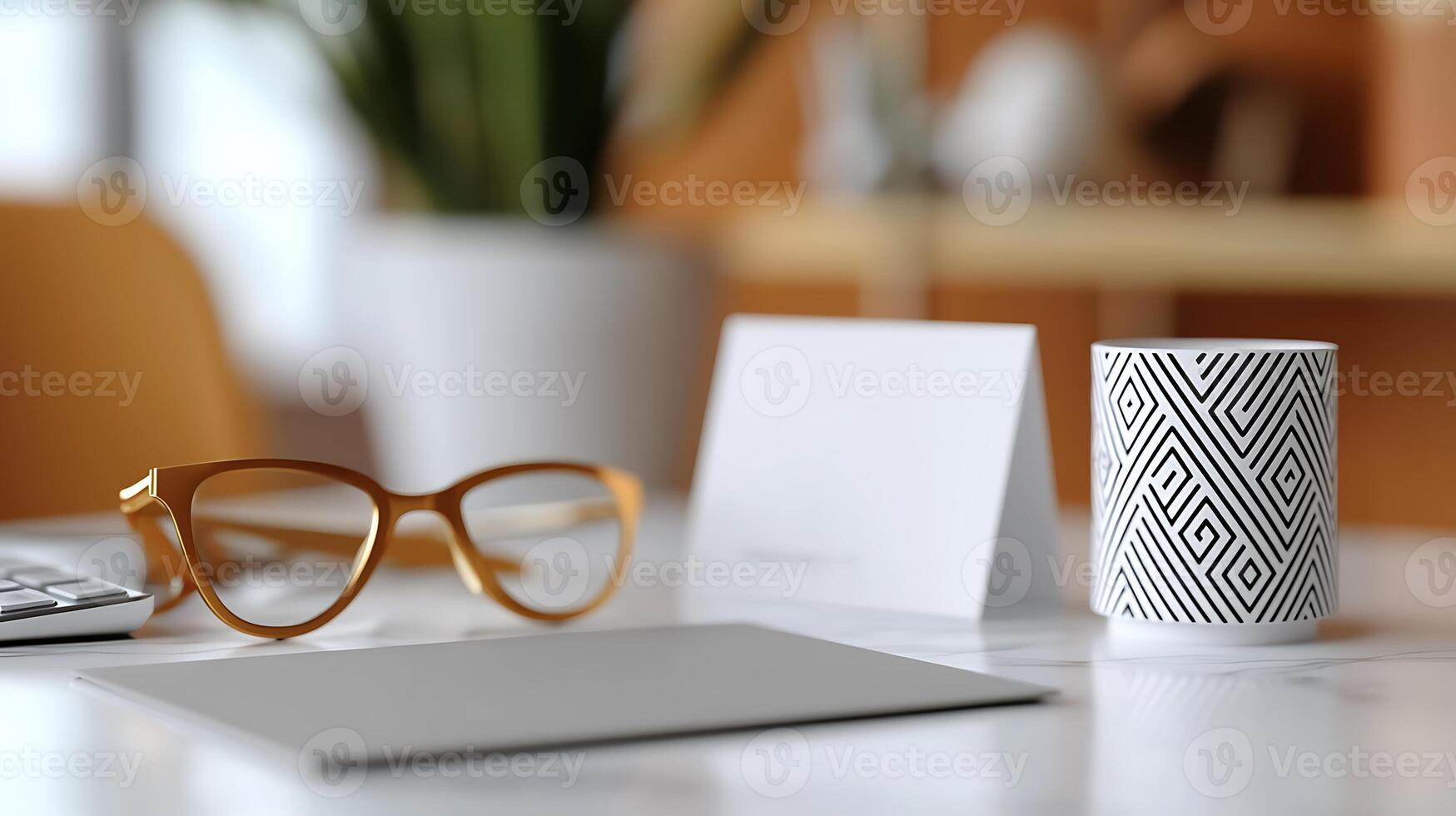 Stylish workspace with glasses, a coffee cup, and stationery on a modern desk, showcasing productivity photo