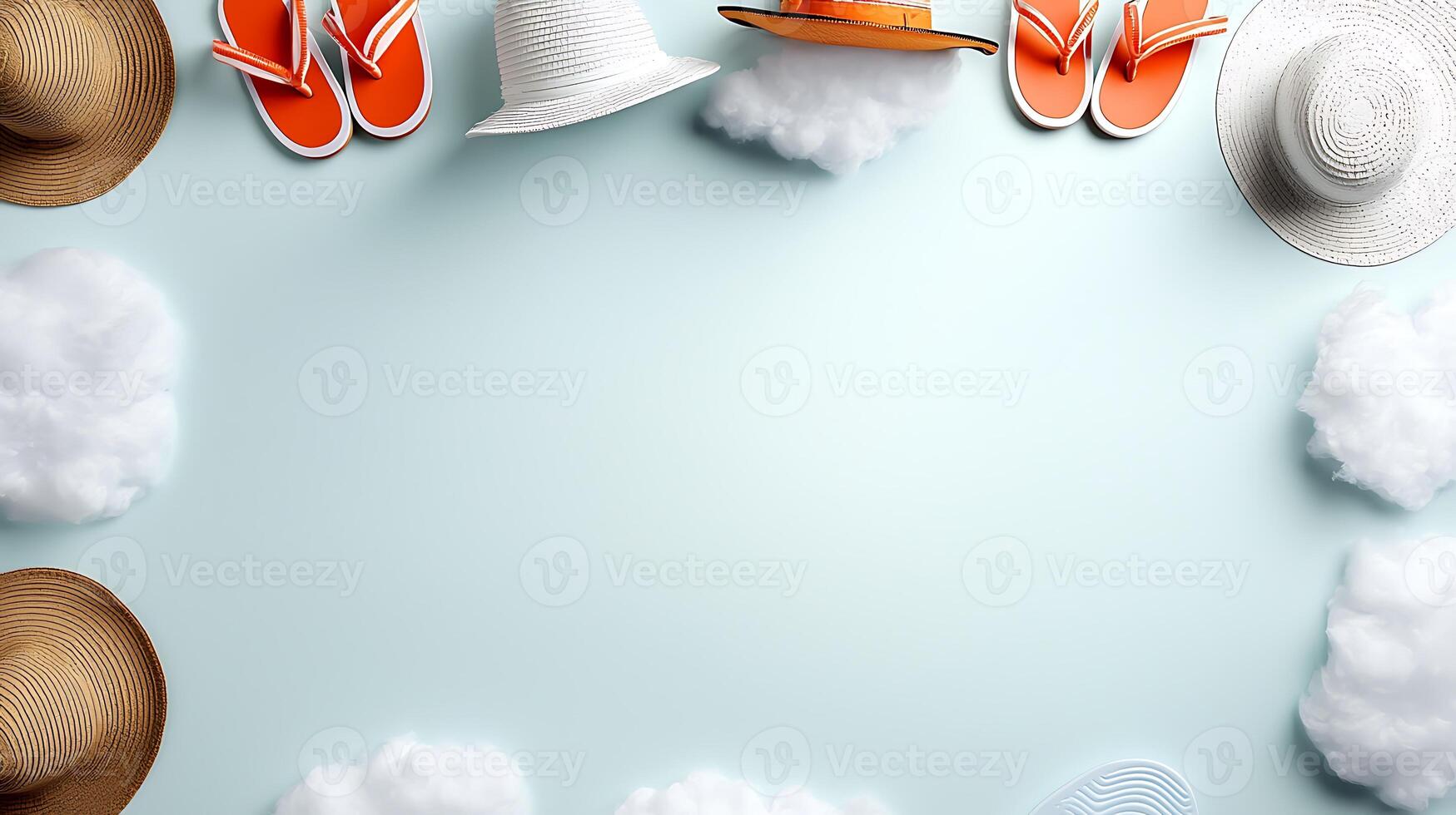 Summer accessories arranged on a light blue background with fluffy clouds, evoking a cheerful vibe photo