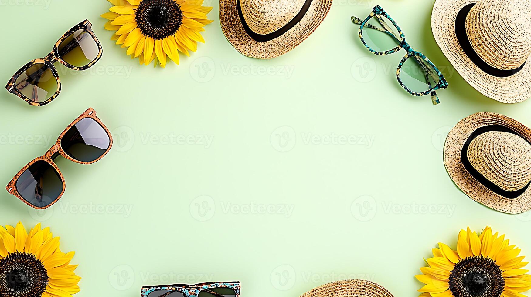 Summer accessories including sunglasses and straw hats arranged around sunflowers on a pastel green background photo