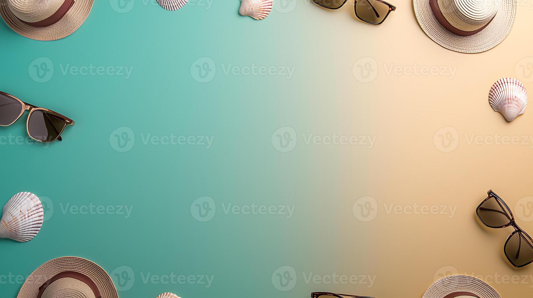 Summer beach accessories including sunglasses and hats arranged on a gradient background photo