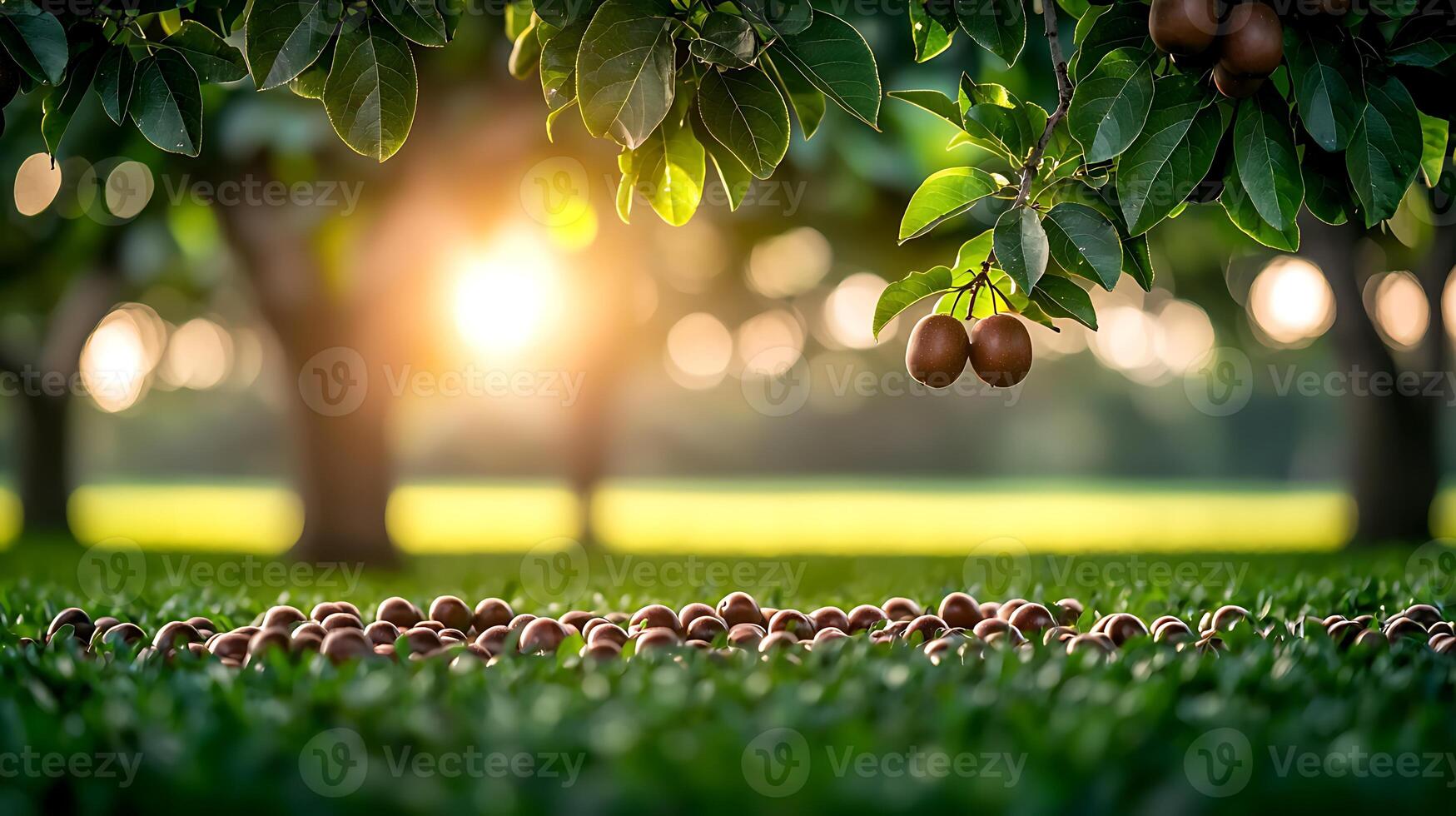 Sunlit orchard scene with fallen fruit on grass, showcasing nature's bounty and tranquility photo