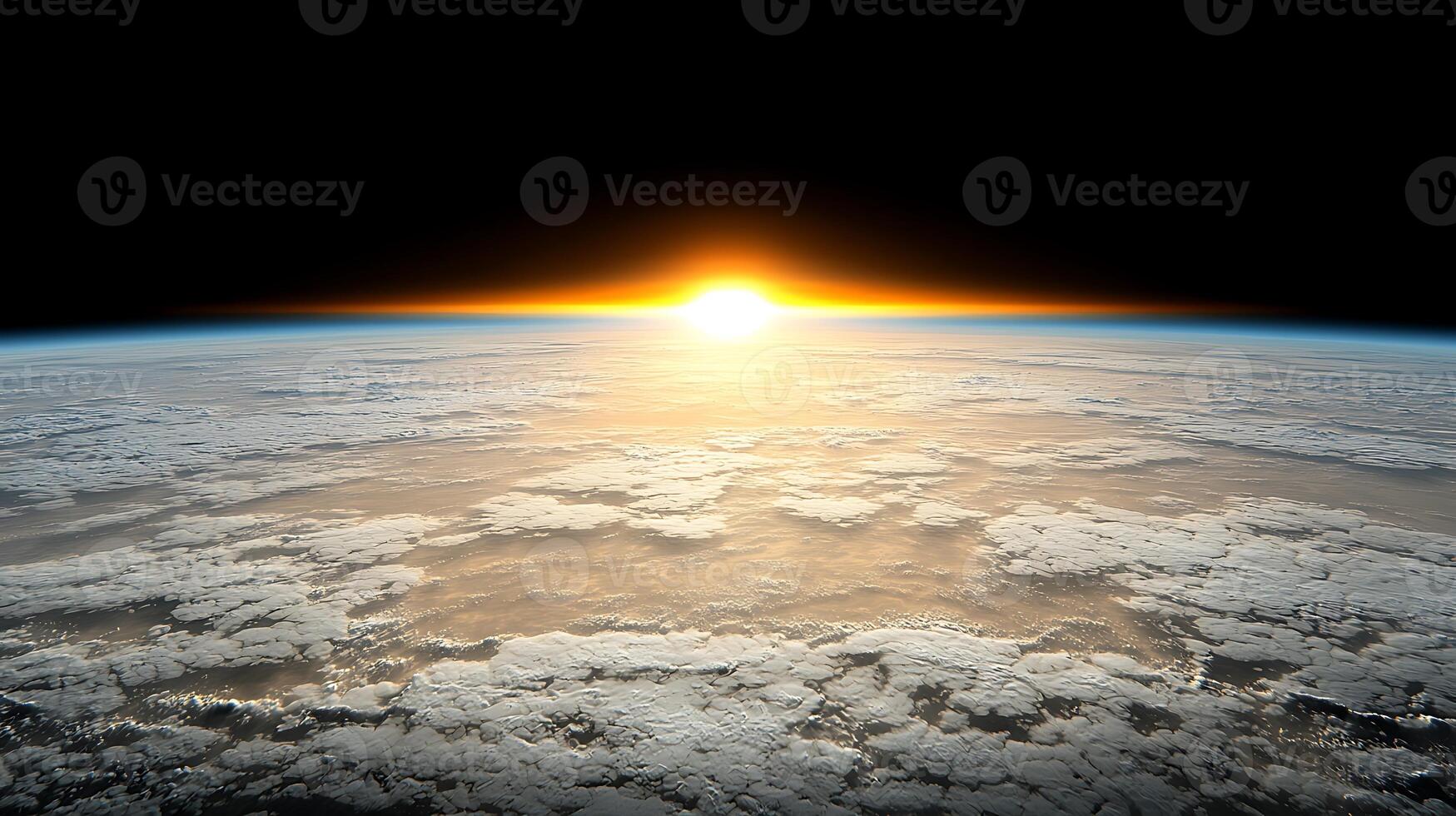 Sunrise over Earths horizon with clouds illuminated by golden light, serene atmosphere photo