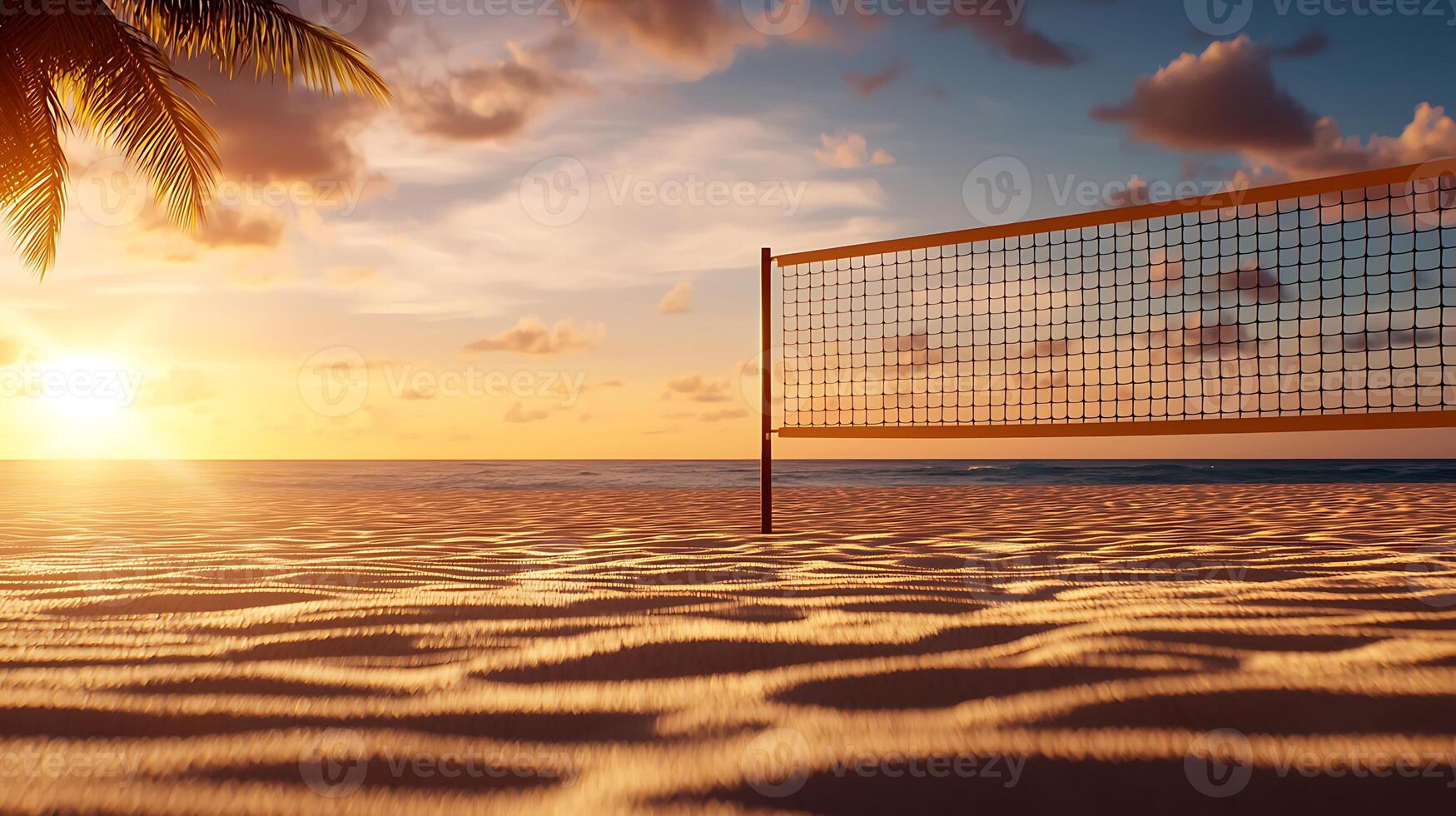 Sunset over a serene beach volleyball court with gentle waves and palm trees in the background photo