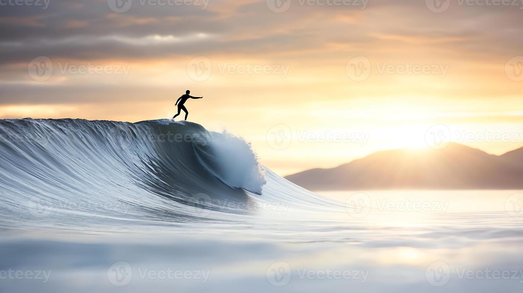 Surfer riding a massive wave at sunset, with mountains in the background and a serene ocean photo
