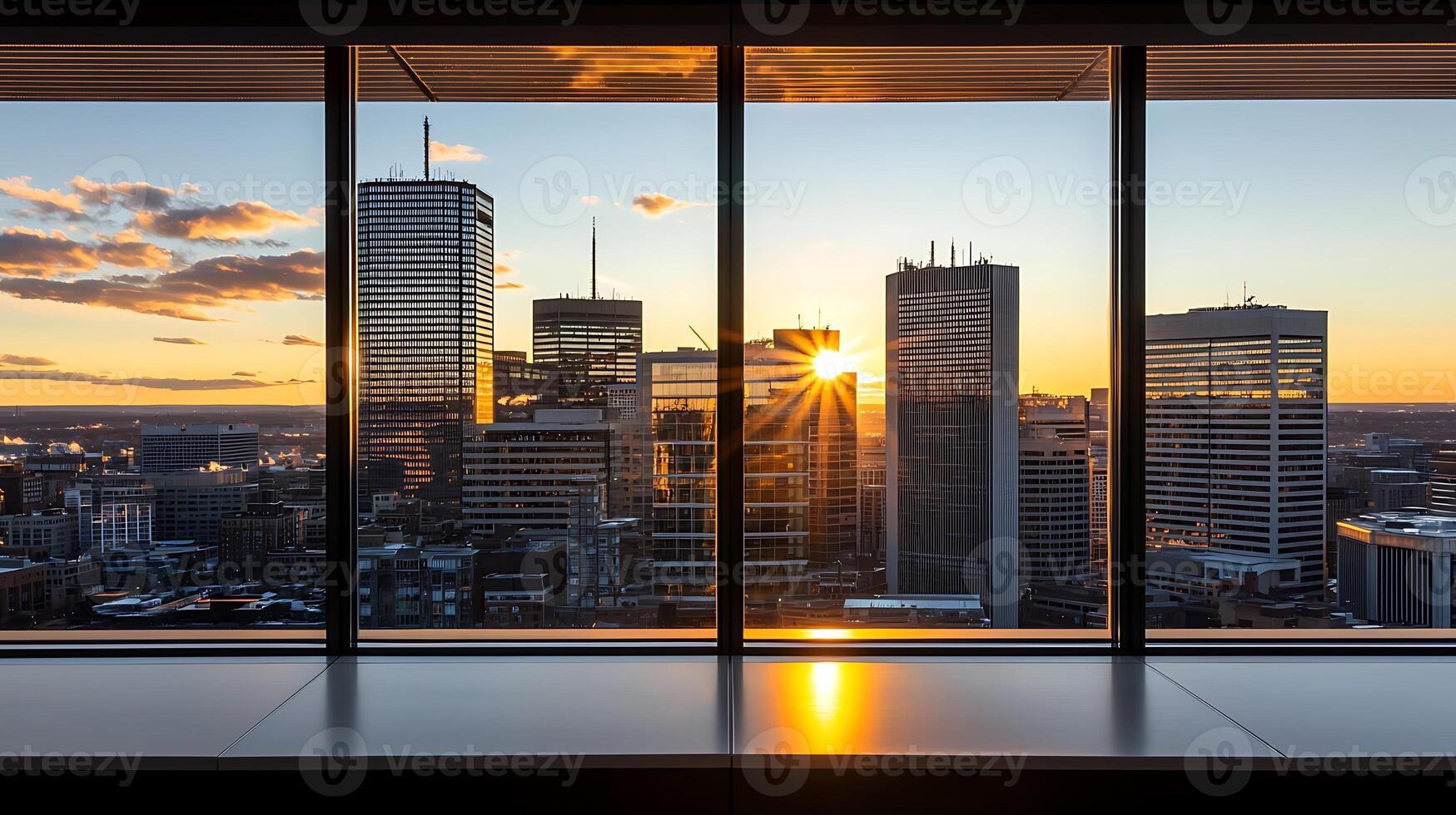Sunset view from a modern office showcasing city skyline with glowing skyscrapers and clouds photo