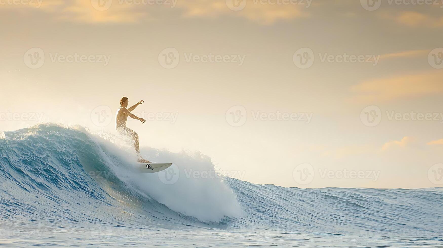 Surfer skillfully riding a wave at sunset, showcasing dynamic motion and ocean beauty photo