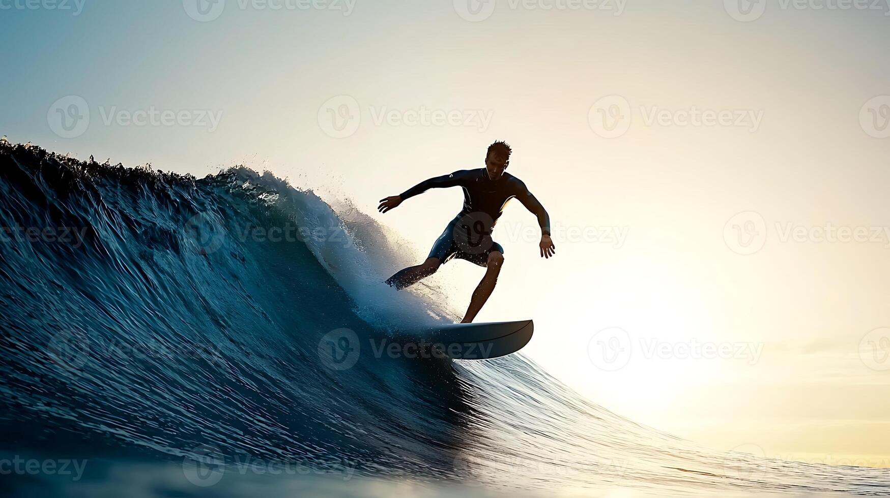 Surfer Riding a Wave at Sunset with a Calm Ocean Background and Soft Light Effects photo