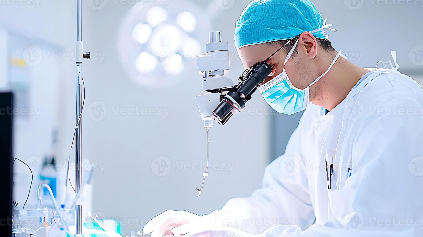 Surgeon using a microscope in a bright operating room, focused on intricate medical procedure photo