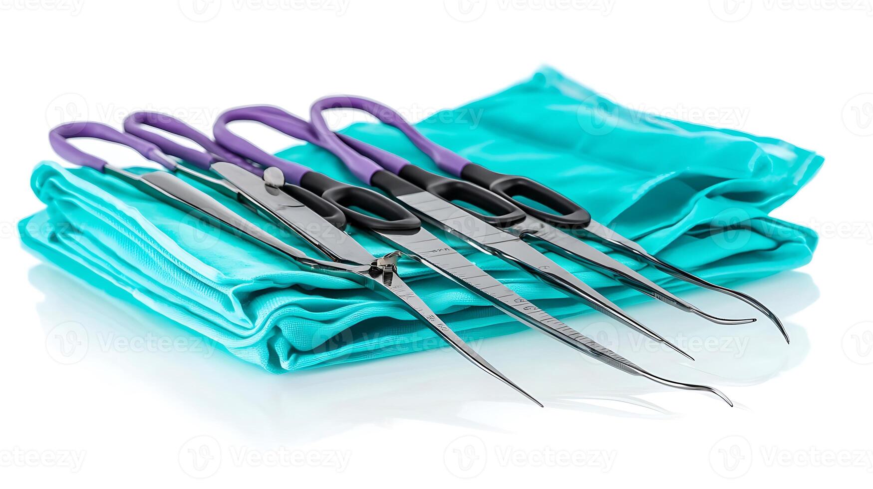 Surgical instruments arranged neatly on a teal surgical drape, ready for a medical procedure photo