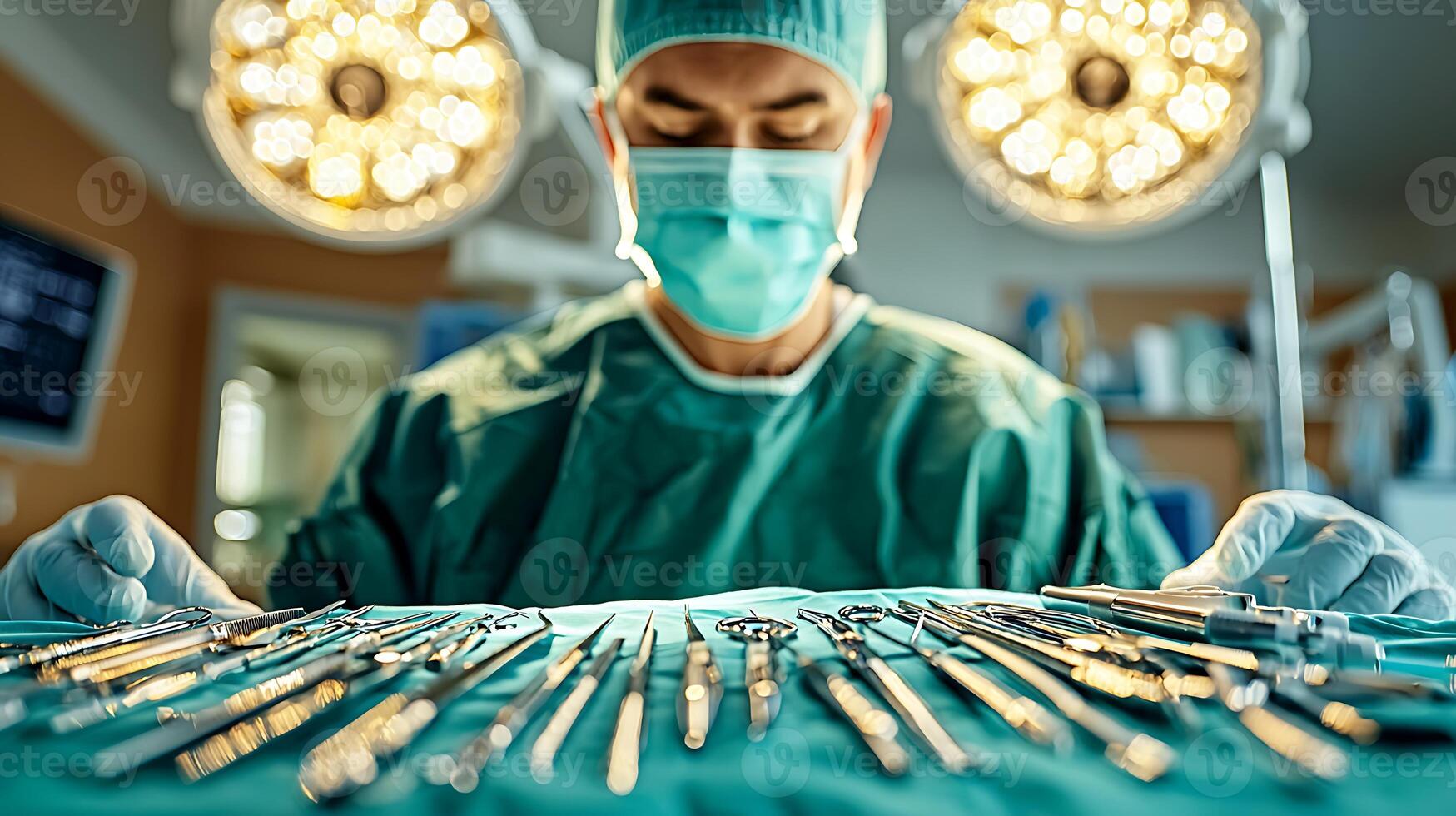 Surgeon preparing surgical instruments in an operating room with bright lights and focused environment photo
