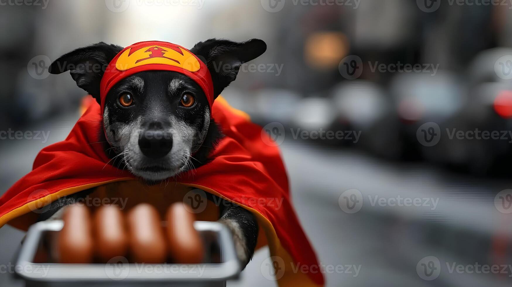 Superhero dog in a red cape delivering sausages on a city street with blurred cars in background photo