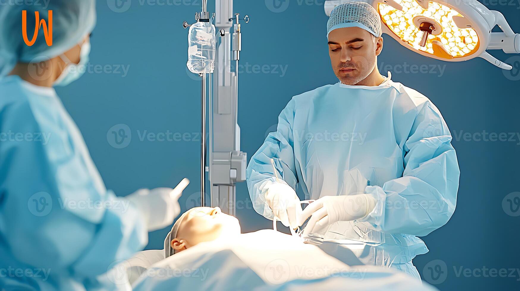 Surgeons performing a delicate operation in a modern operating room with focused lighting photo