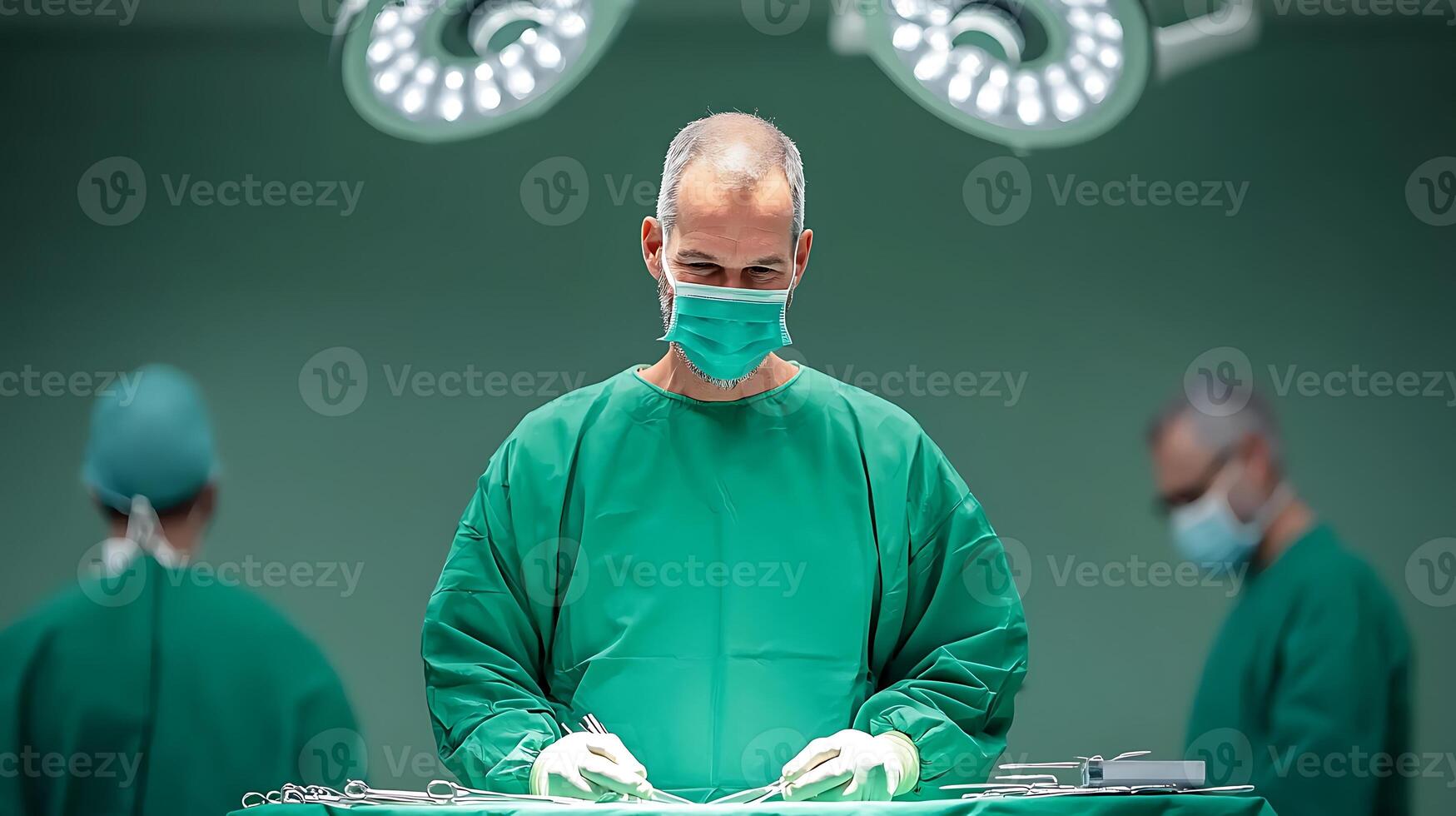 Surgeons in green scrubs perform a delicate operation under bright surgical lights in a sterile environment photo