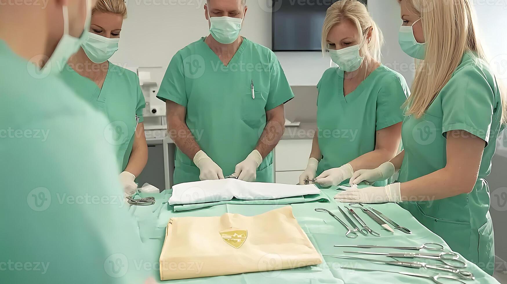 Surgical team in green scrubs focused on a patient procedure in a modern operating room photo