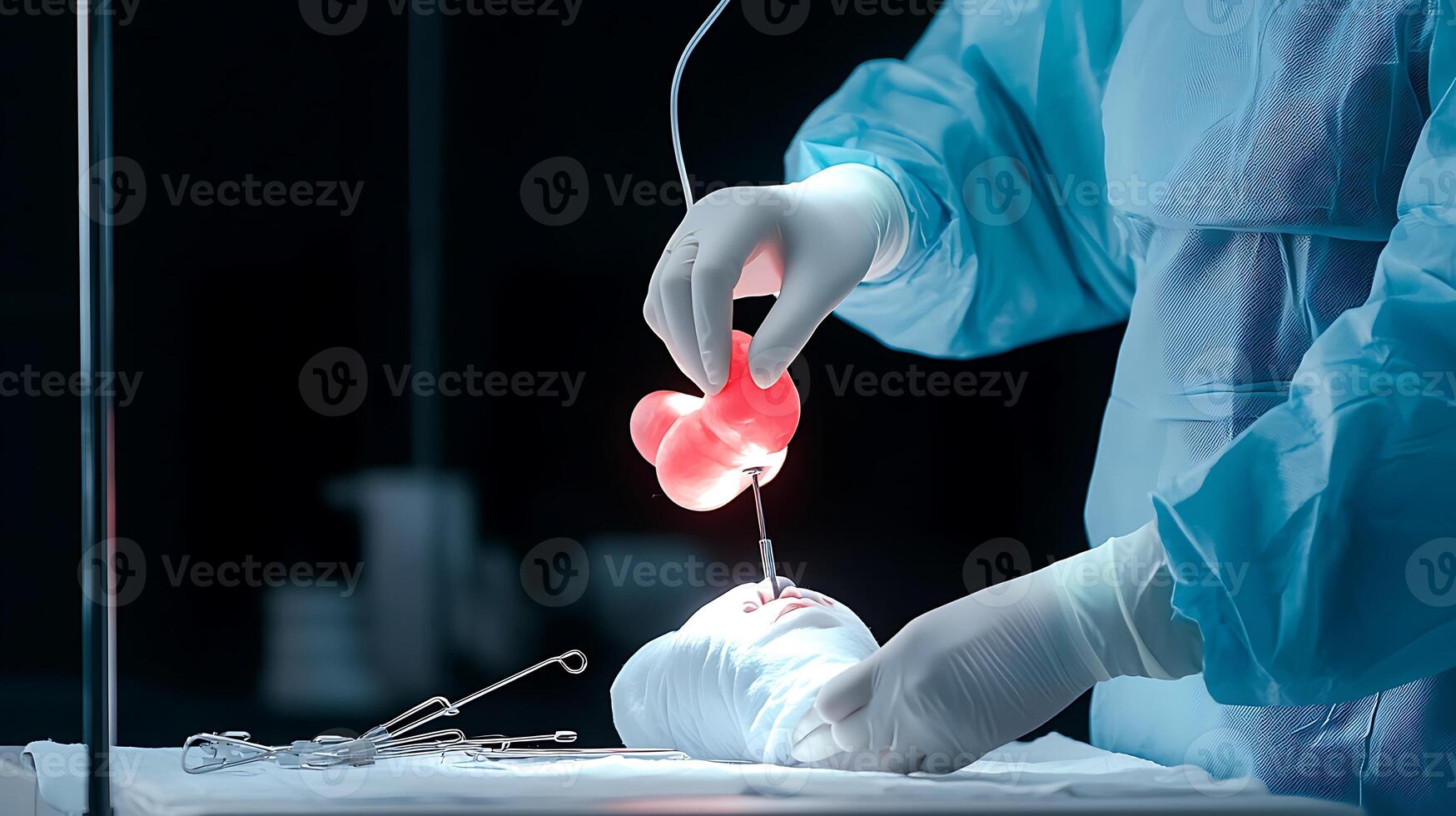 Surgical procedure showcasing a medical professional performing an operation on a patient under bright lights photo