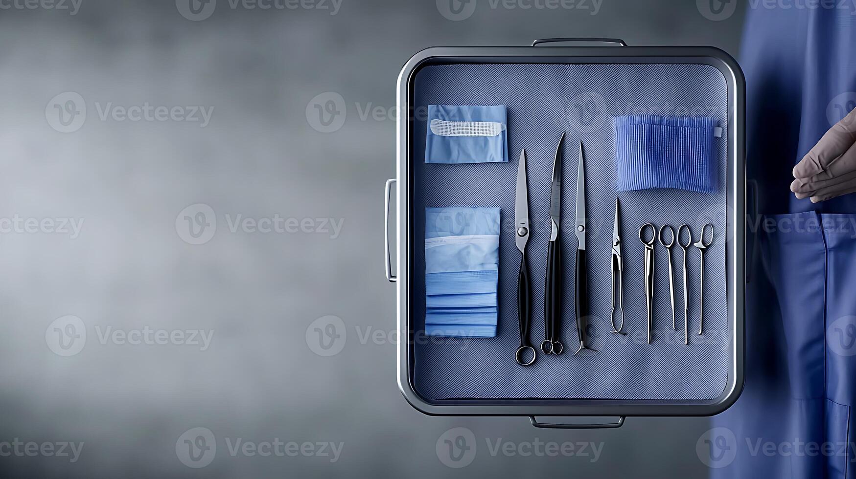 Surgical instruments arranged neatly in a sterile tray, with a medical professional in scrubs nearby photo