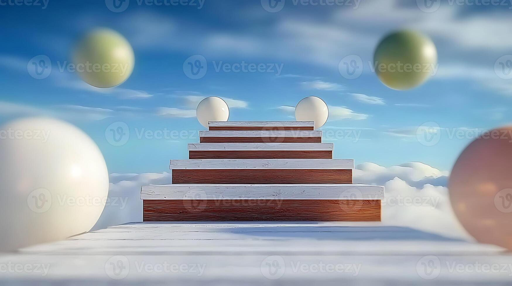 Surreal staircase ascending through clouds with floating spheres, evoking a dreamlike atmosphere photo