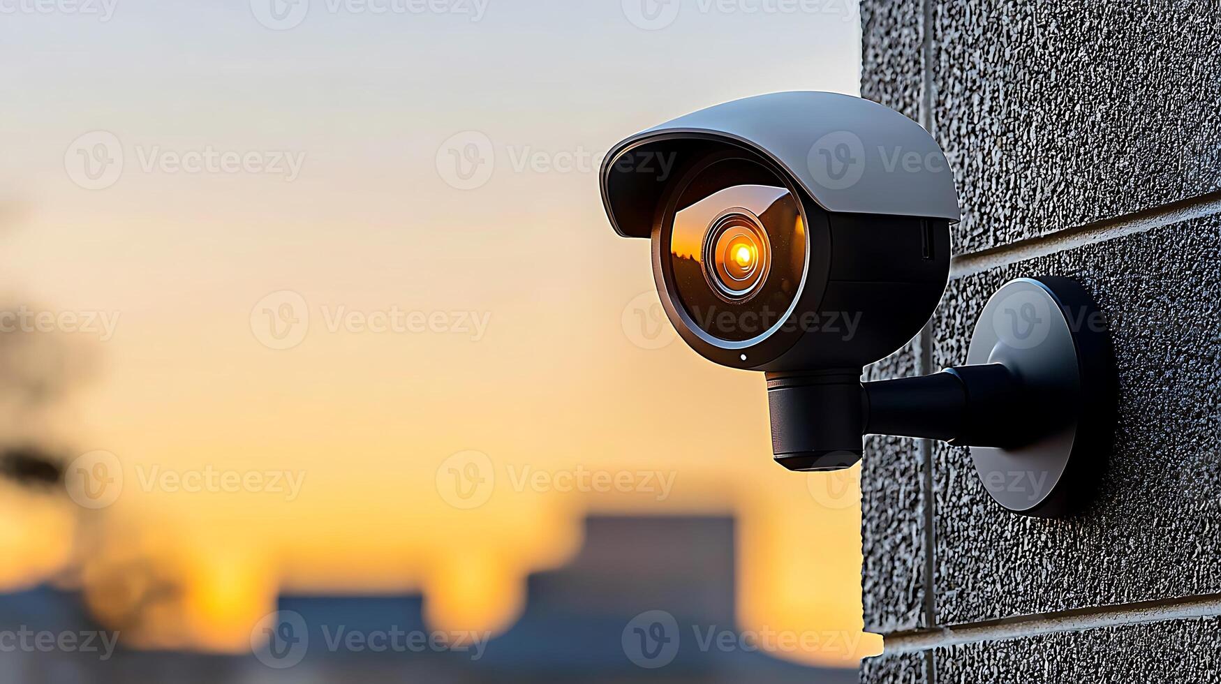 Surveillance camera mounted on a building at sunset, capturing the serene urban landscape photo