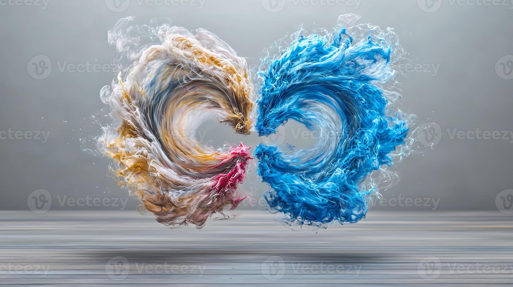 Swirling colors of gold and blue merge in an abstract display of dynamic fluid motion photo