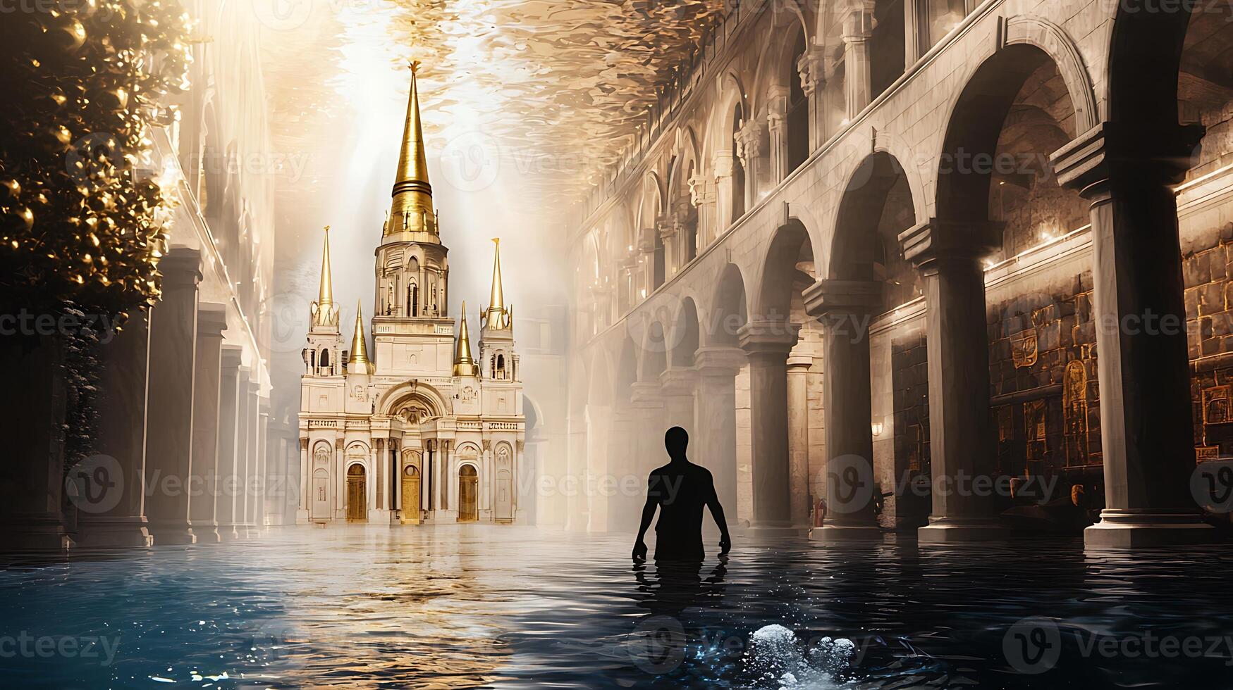 Surreal underwater cathedral scene with a silhouetted figure exploring a flooded space photo