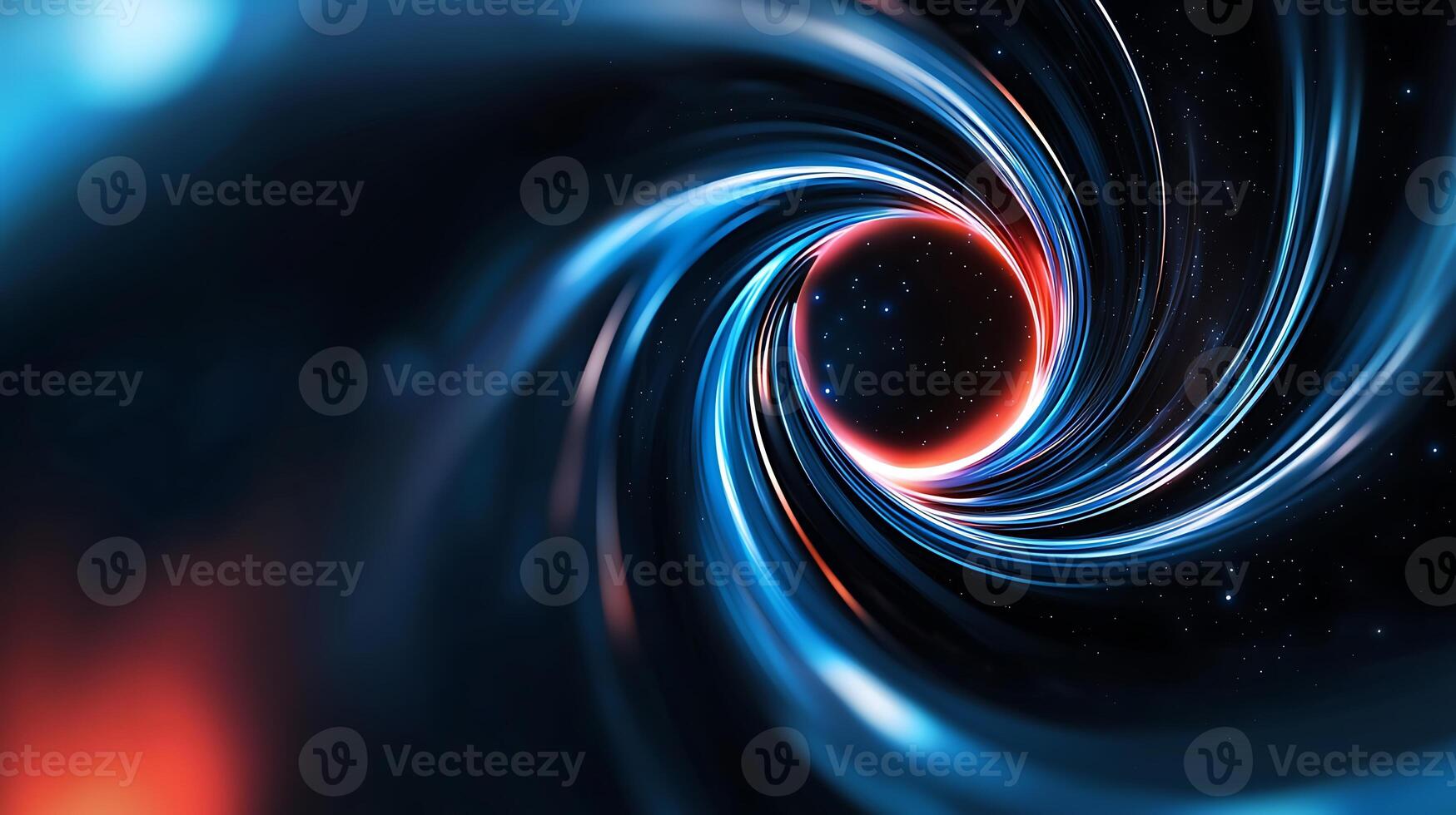 Swirling vortex of blue and red light in a cosmic background with stars and depth photo