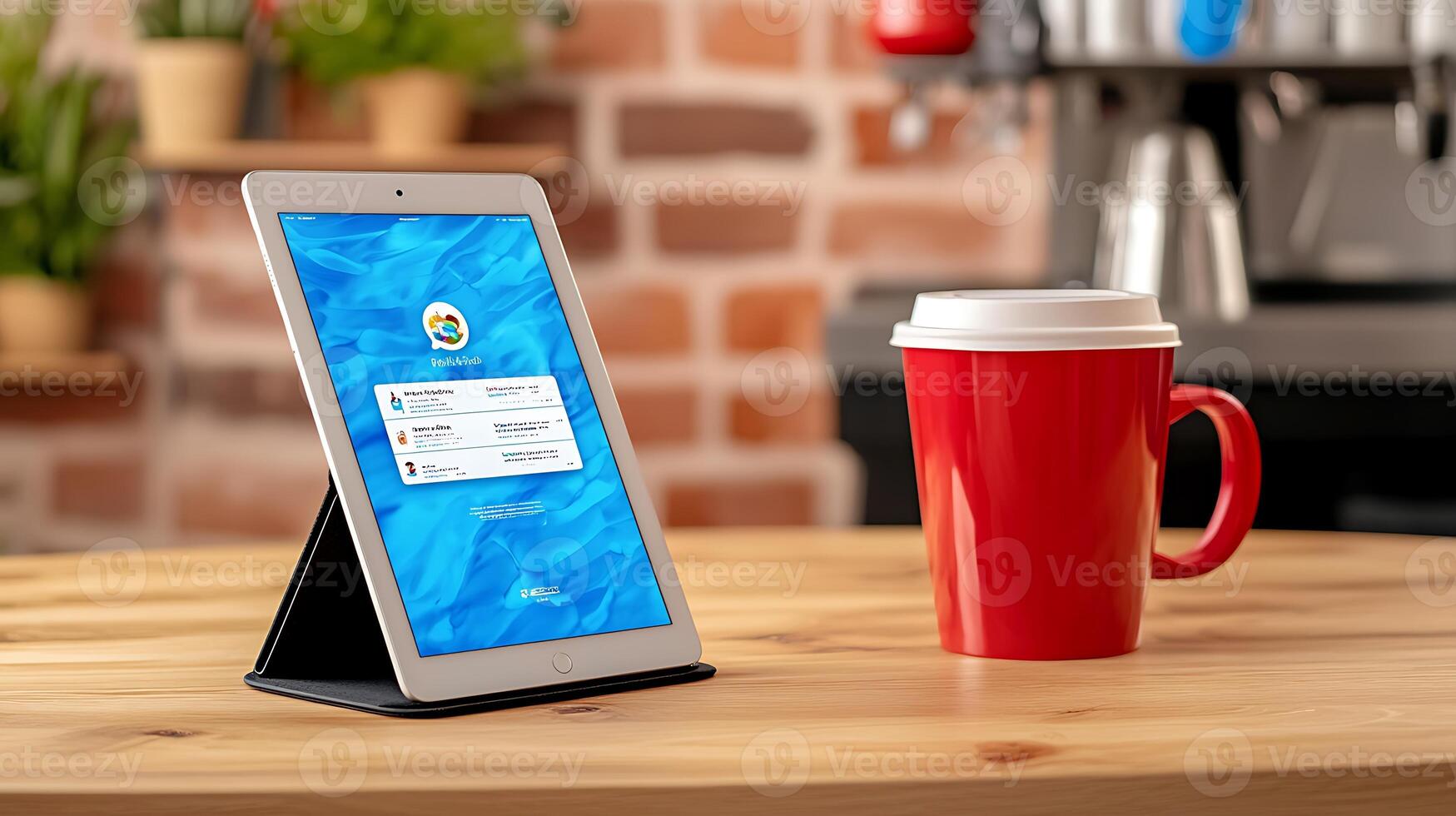 Tablet displaying login screen on a wooden table beside a red coffee cup in a cozy caf photo