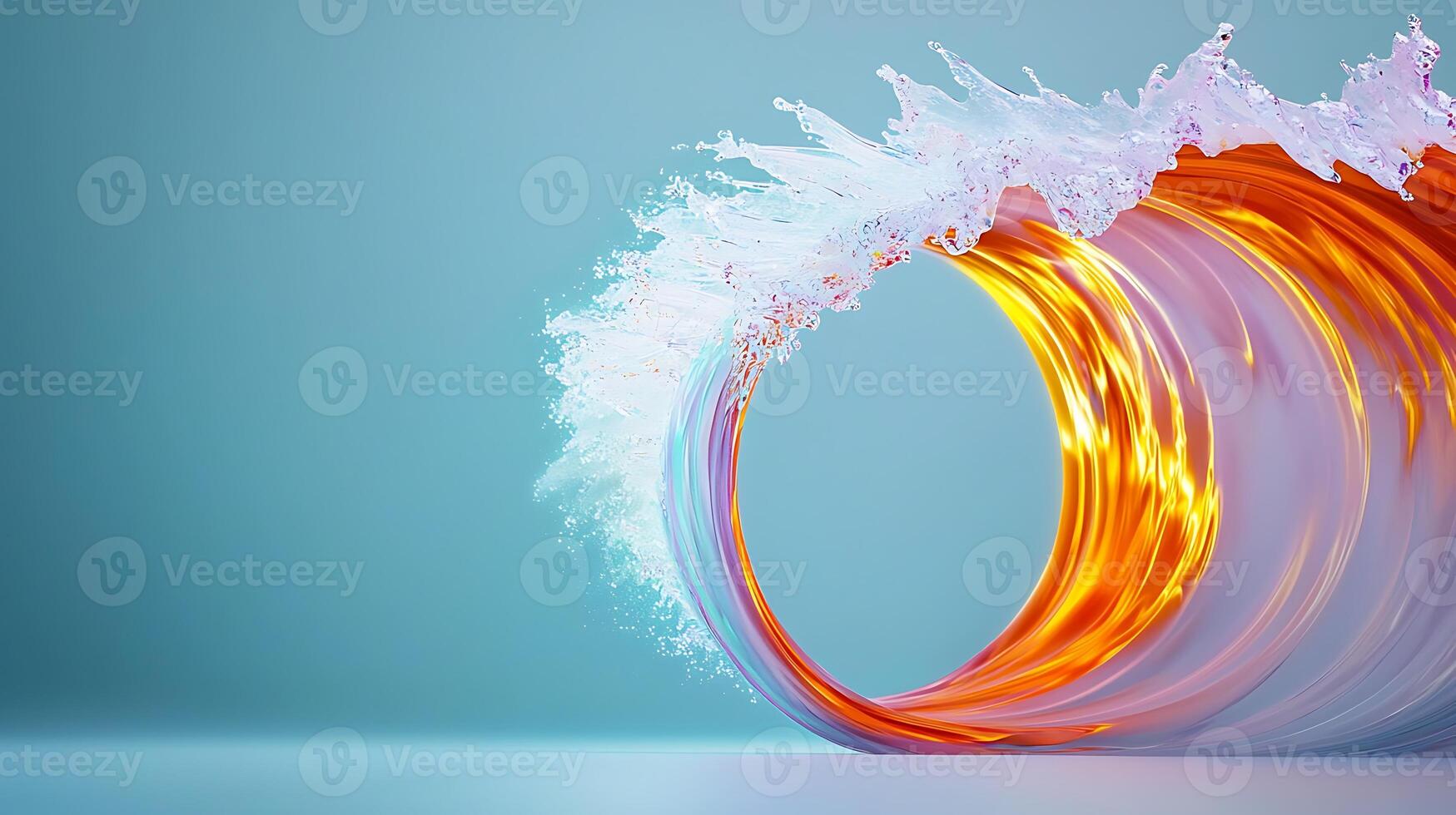 Swirling wave formation with vibrant colors and splashes against a soft blue background photo