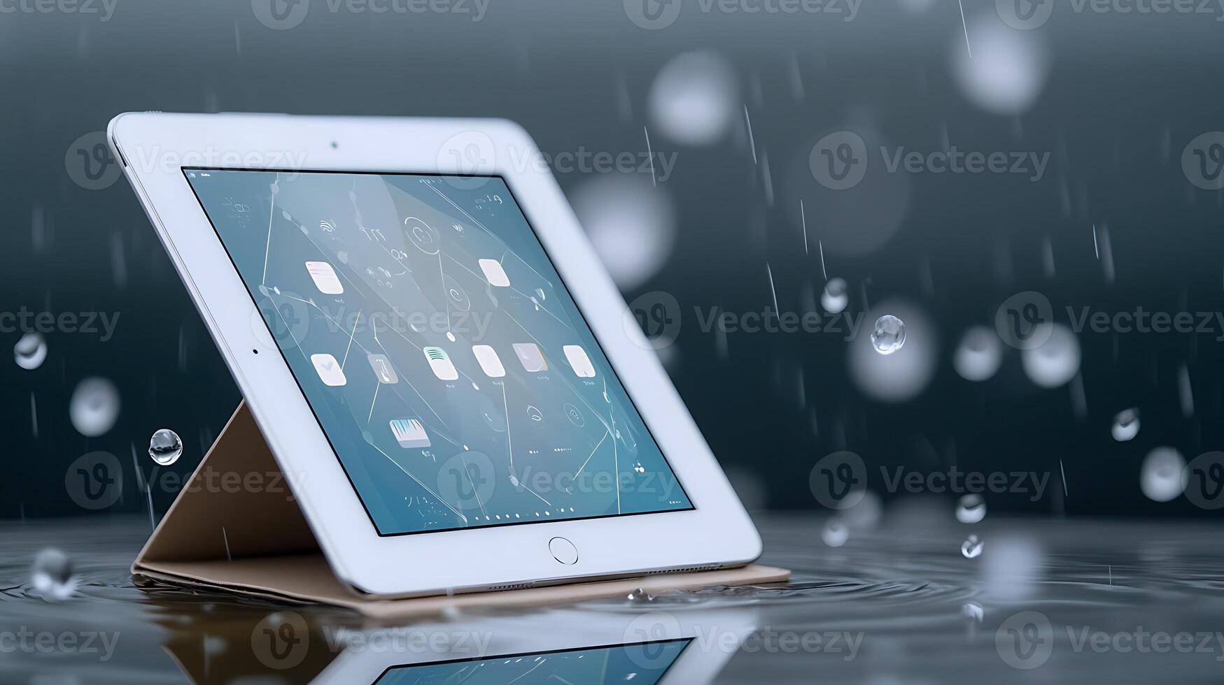 Tablet on a table with raindrops, showcasing a modern tech setup in a rainy environment photo