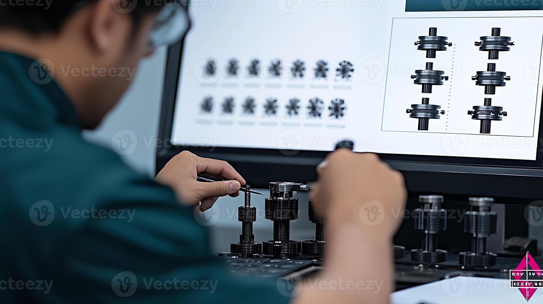 Technician analyzing precision components on a computer screen in a modern workshop setting photo