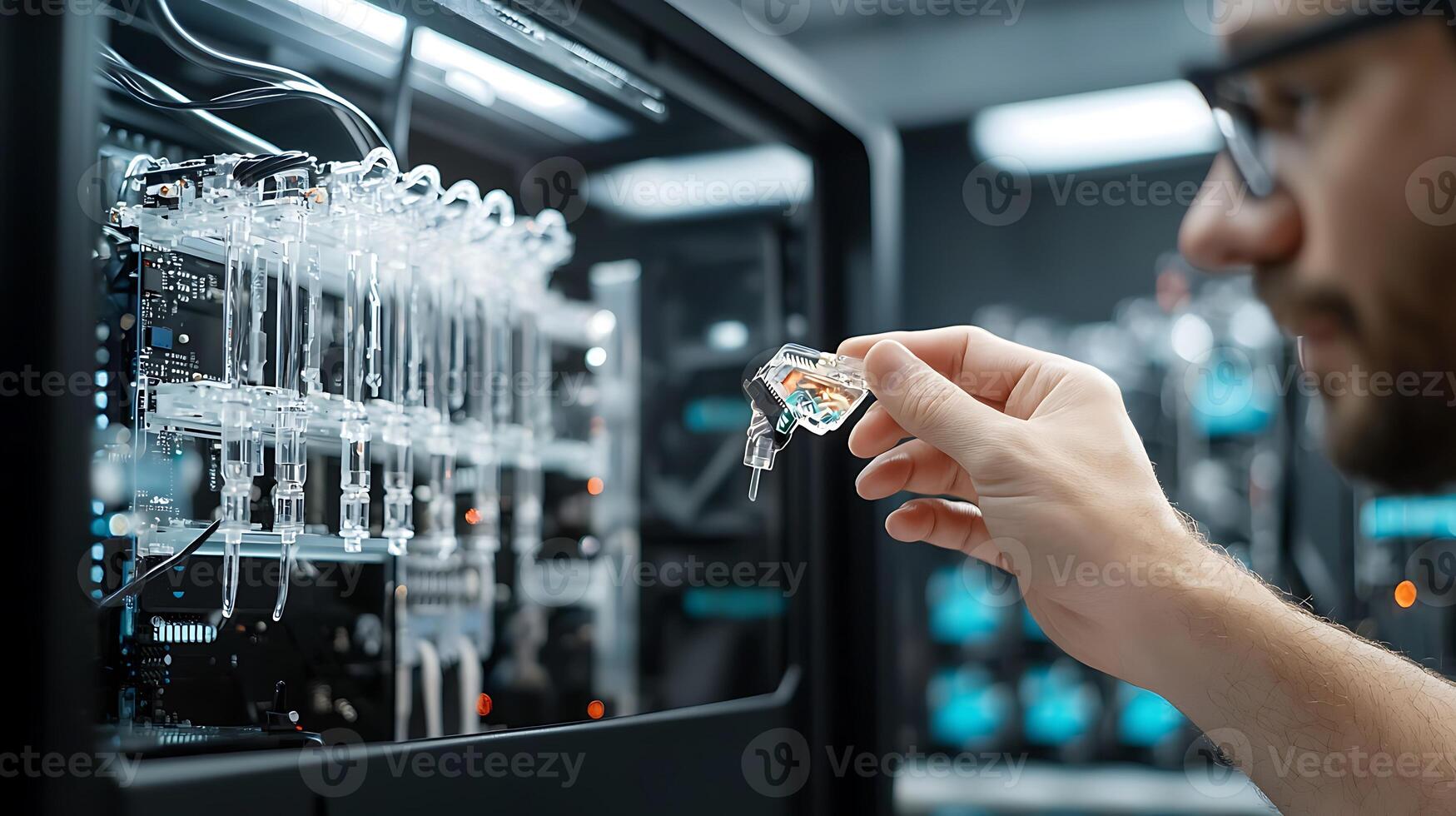 Technician inspecting advanced technology equipment in a modern lab with glowing components photo