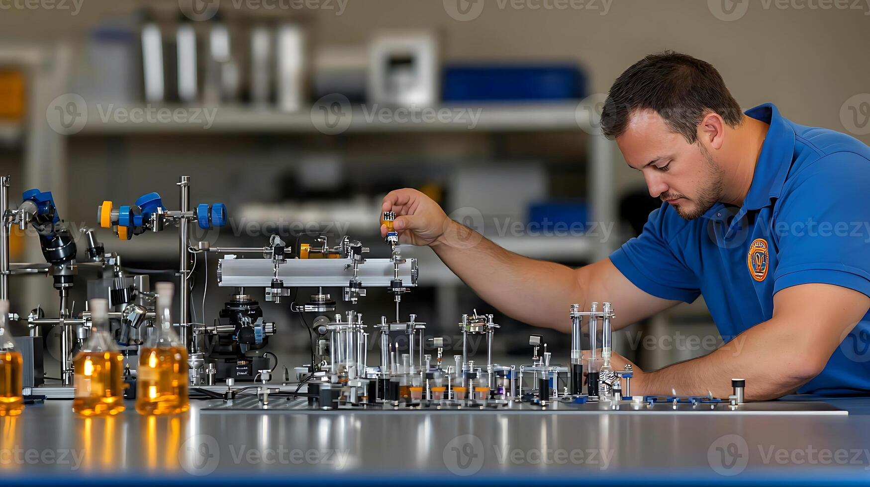 Technician meticulously assembling precision instruments in a modern laboratory setting photo