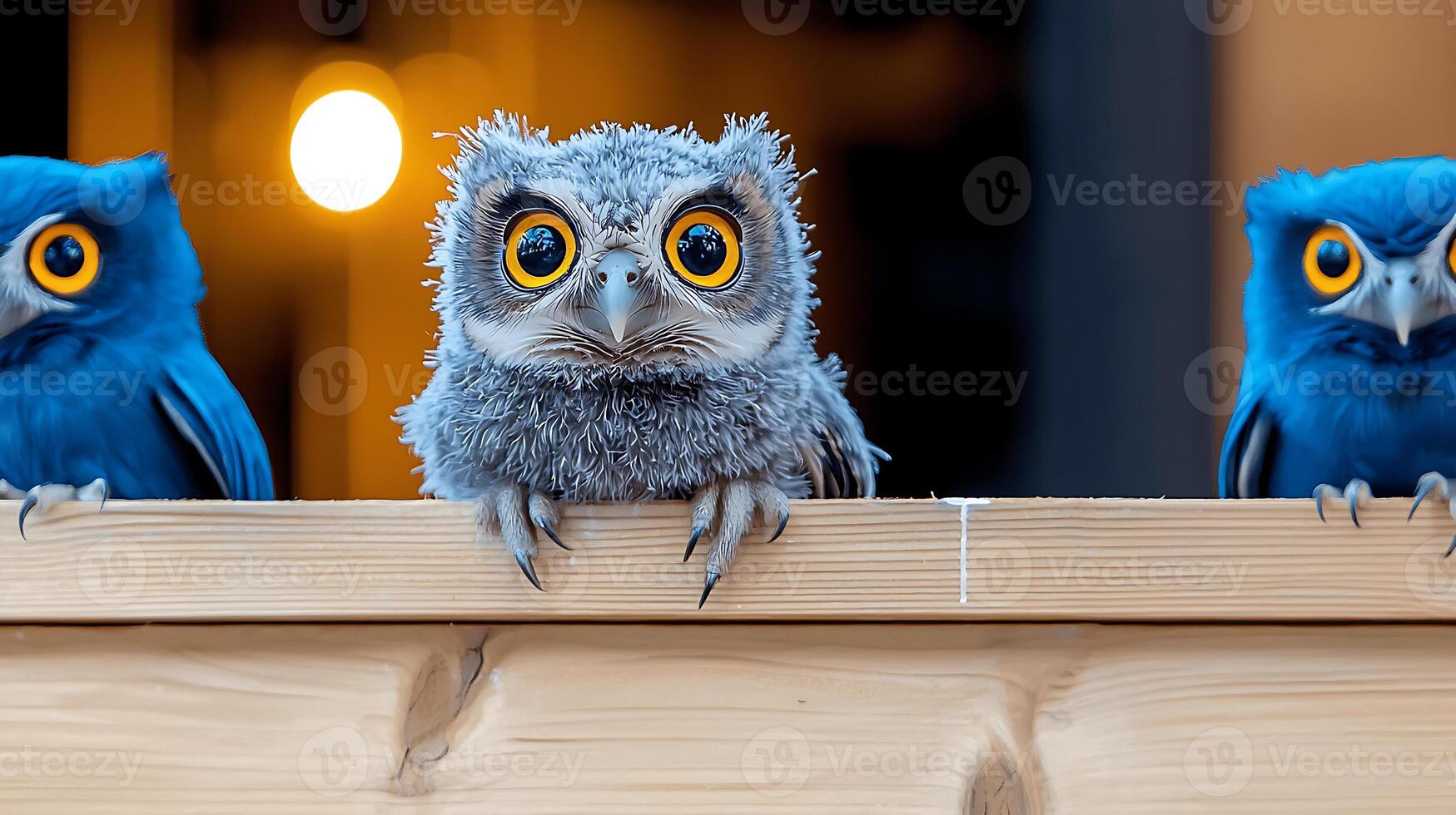 Three adorable owls perched on a wooden fence, with a blurred background of warm lights photo
